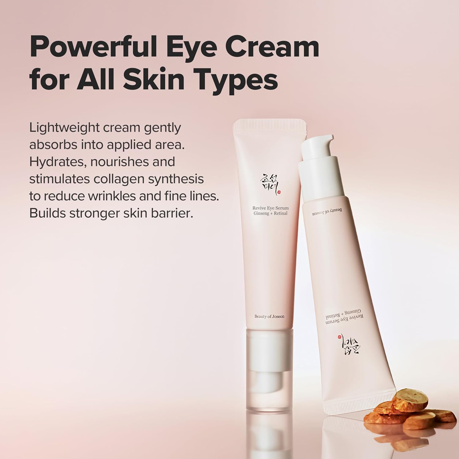 Angled view of the Beauty of Joseon Revive Eye Serum tube and pump
