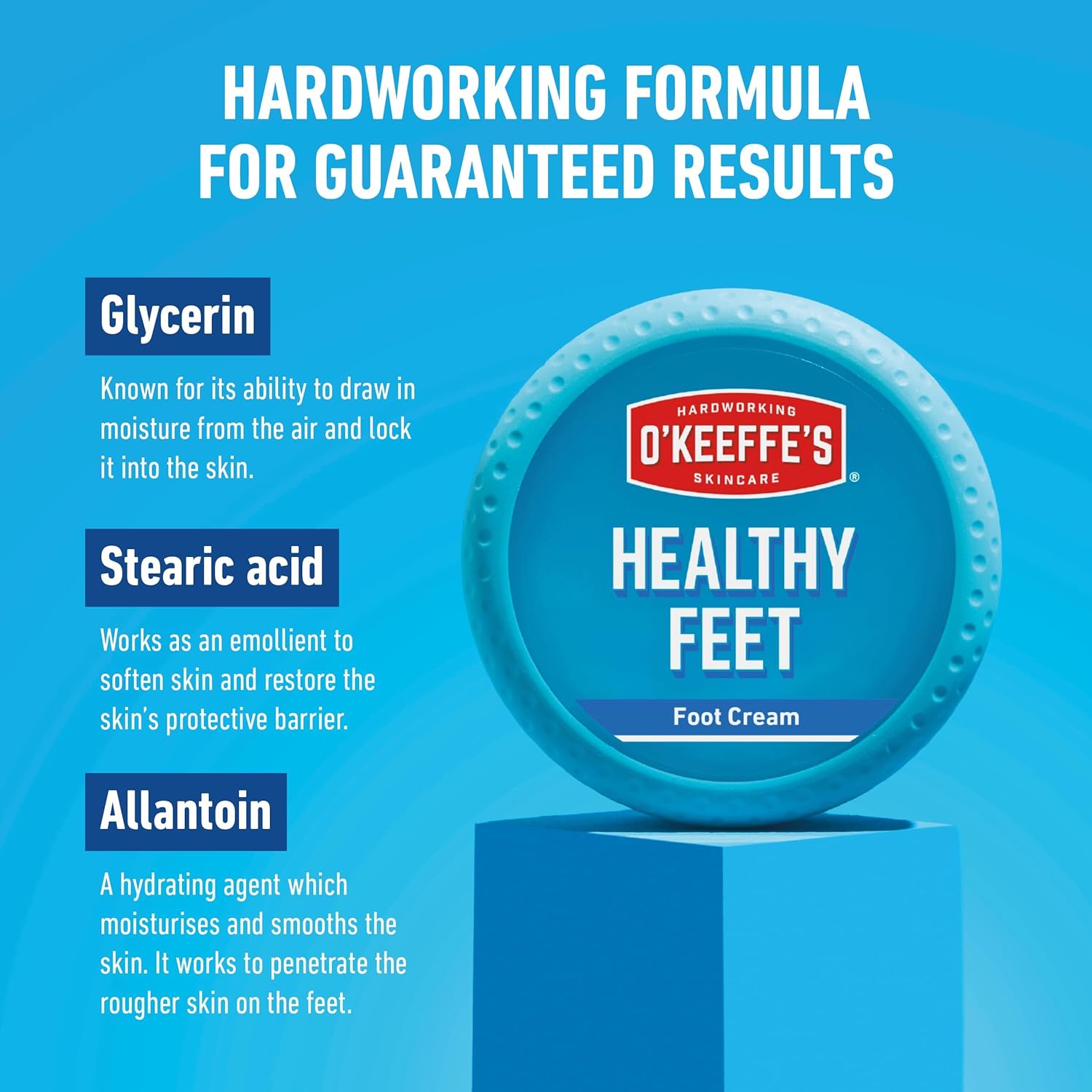 O'Keeffe's Healthy Feet foot cream tub photographed at an angle on a plain background