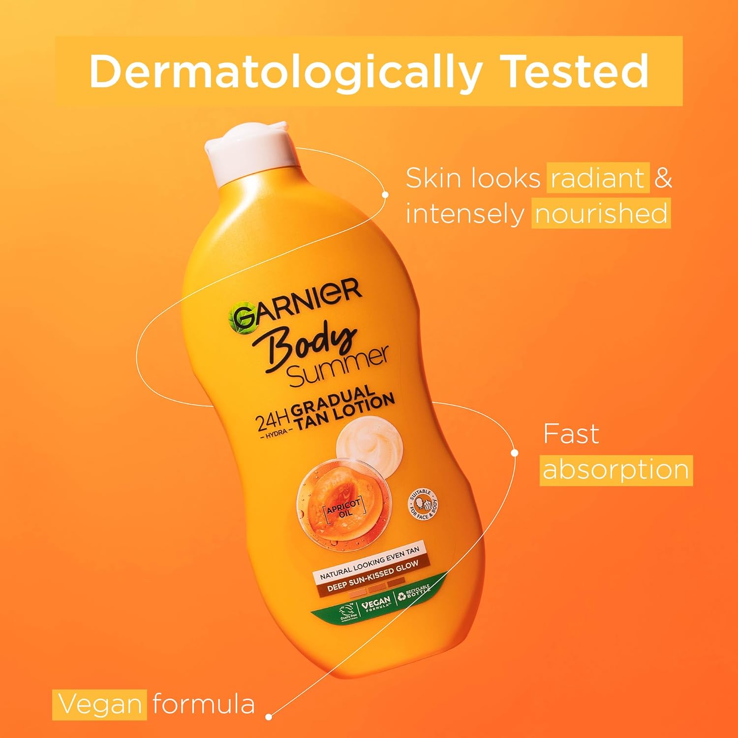 Angled view of the Garnier Summer Body tan moisturiser bottle
