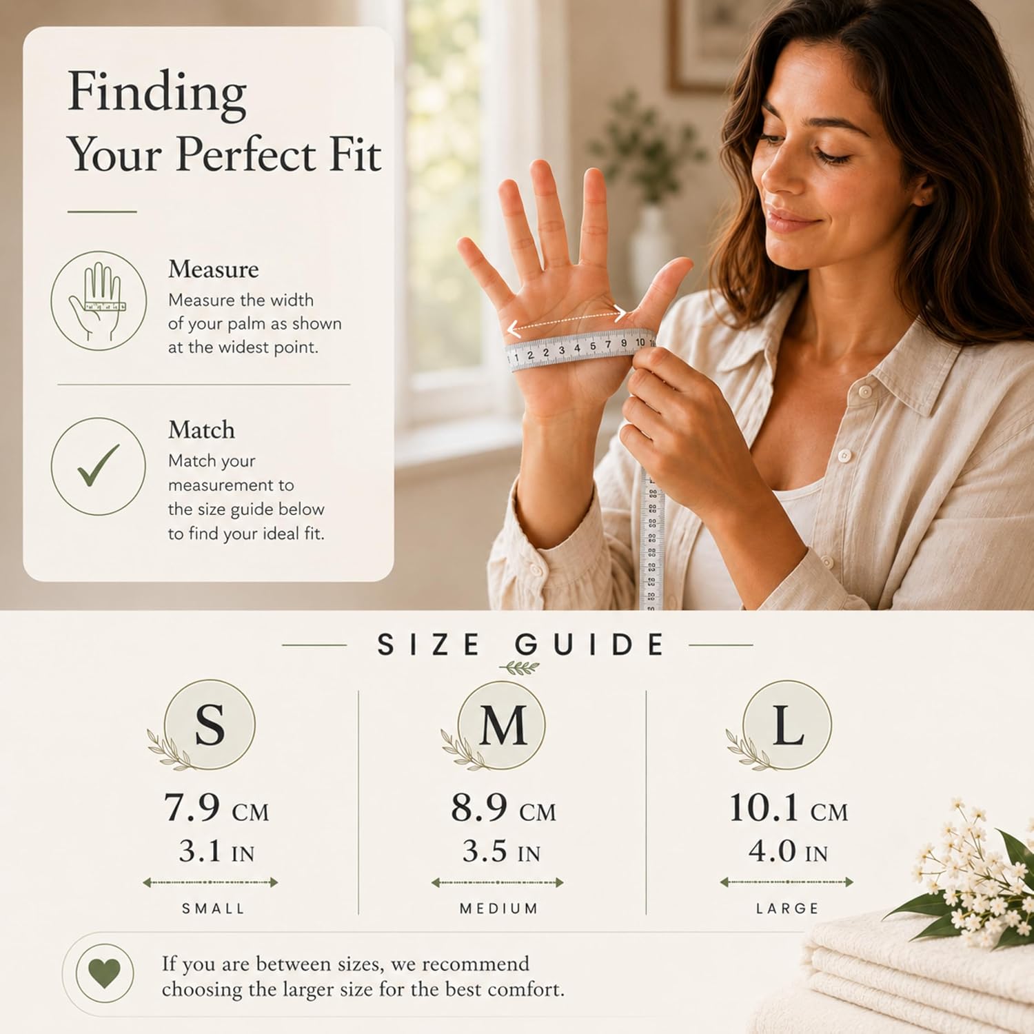 Size guide showing how to measure palm width for small, medium and large cotton moisturising gloves