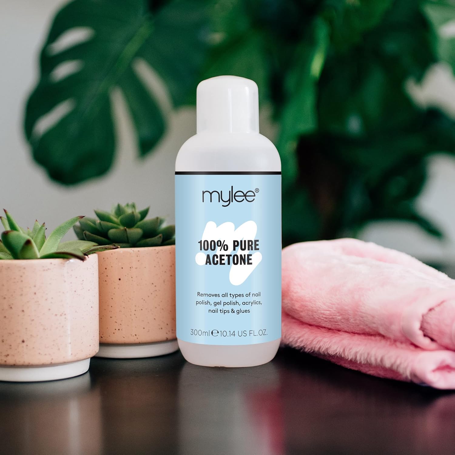 Angled view of the Mylee 100% pure acetone 300ml bottle