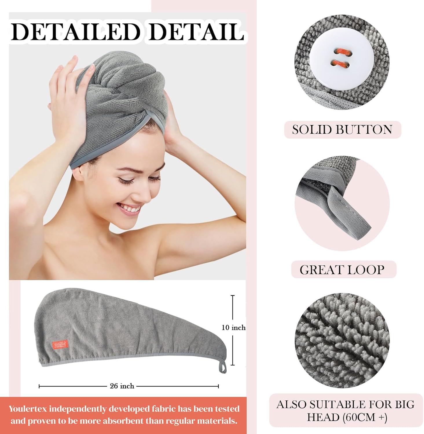 Labelled diagram of the YoulerTex hair towel wrap showing its 26 by 10 inch dimensions, the solid button and the fabric loop closure