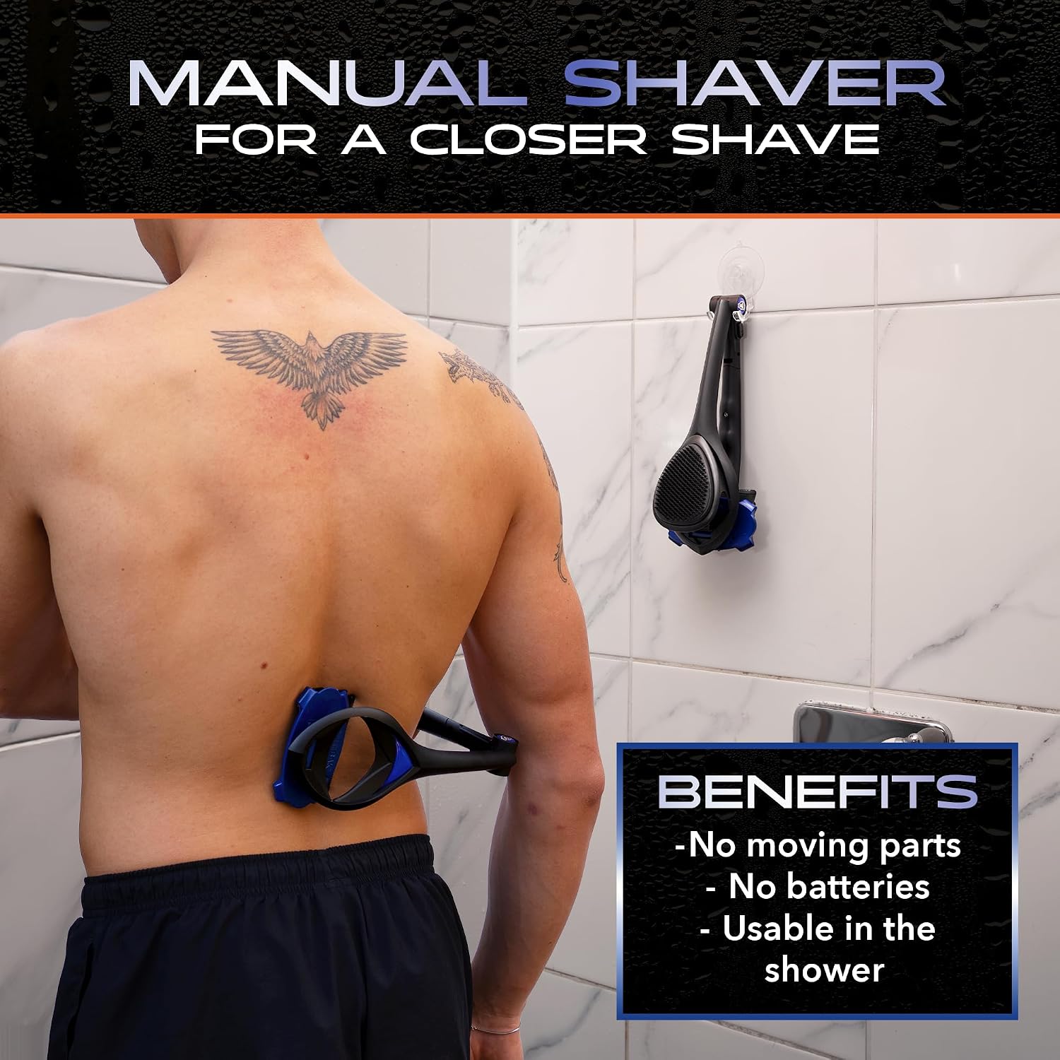 BakBlade 3.0 Stealth manual back shaver in use in the shower, hanging from its suction hook on the tiles