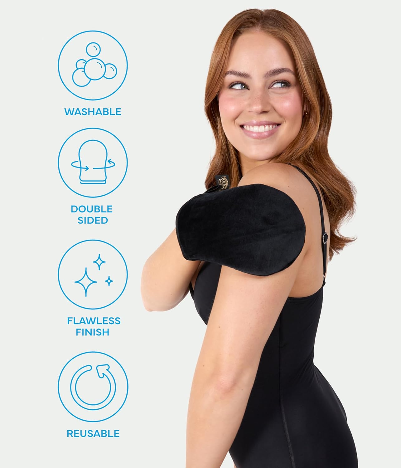 Bondi Sands feature panel showing washable, double sided, flawless finish and reusable icons beside a model wearing the tanning mitt