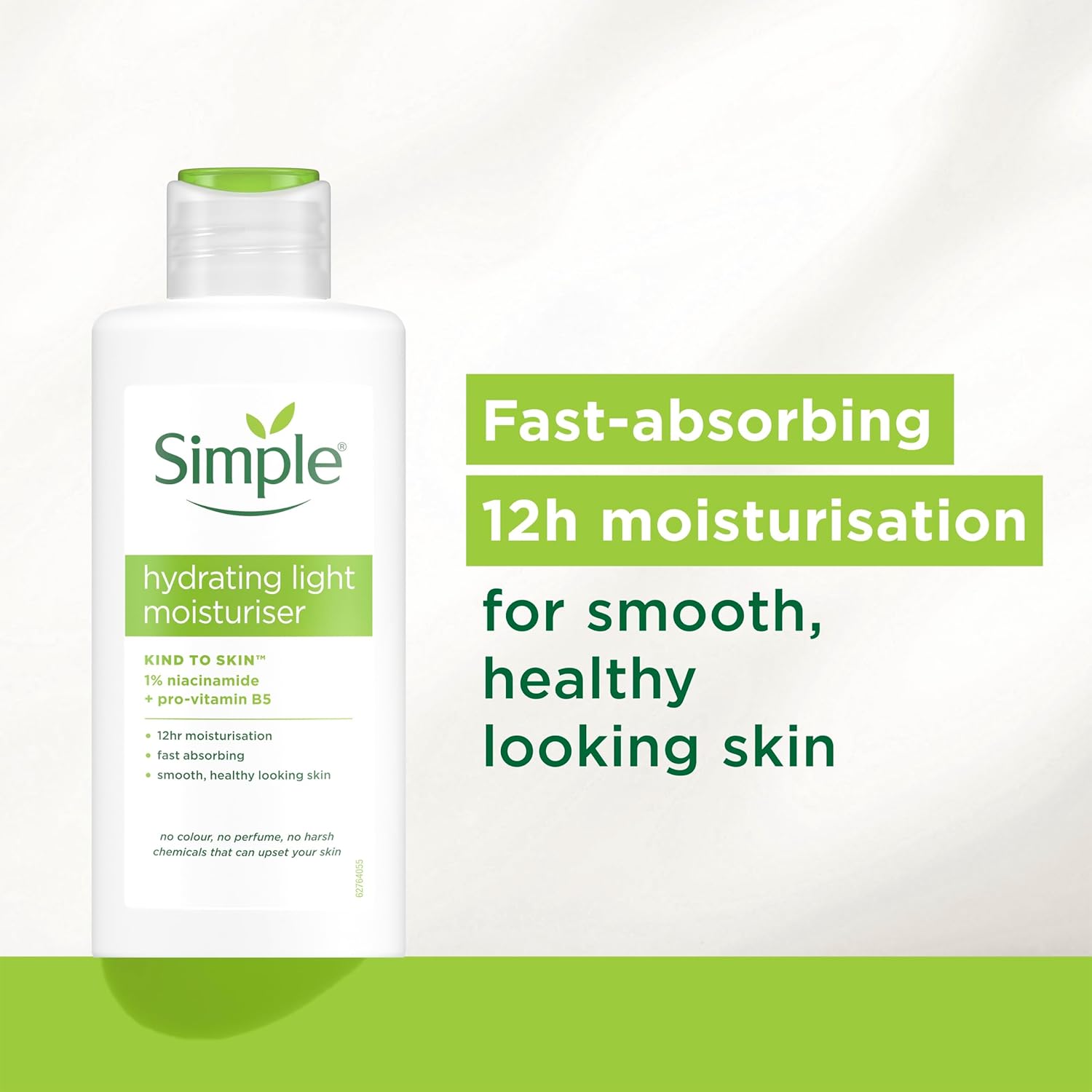 Simple Hydrating Light Moisturiser listing graphic highlighting fast-absorbing 12-hour moisturisation for smooth healthy looking skin
