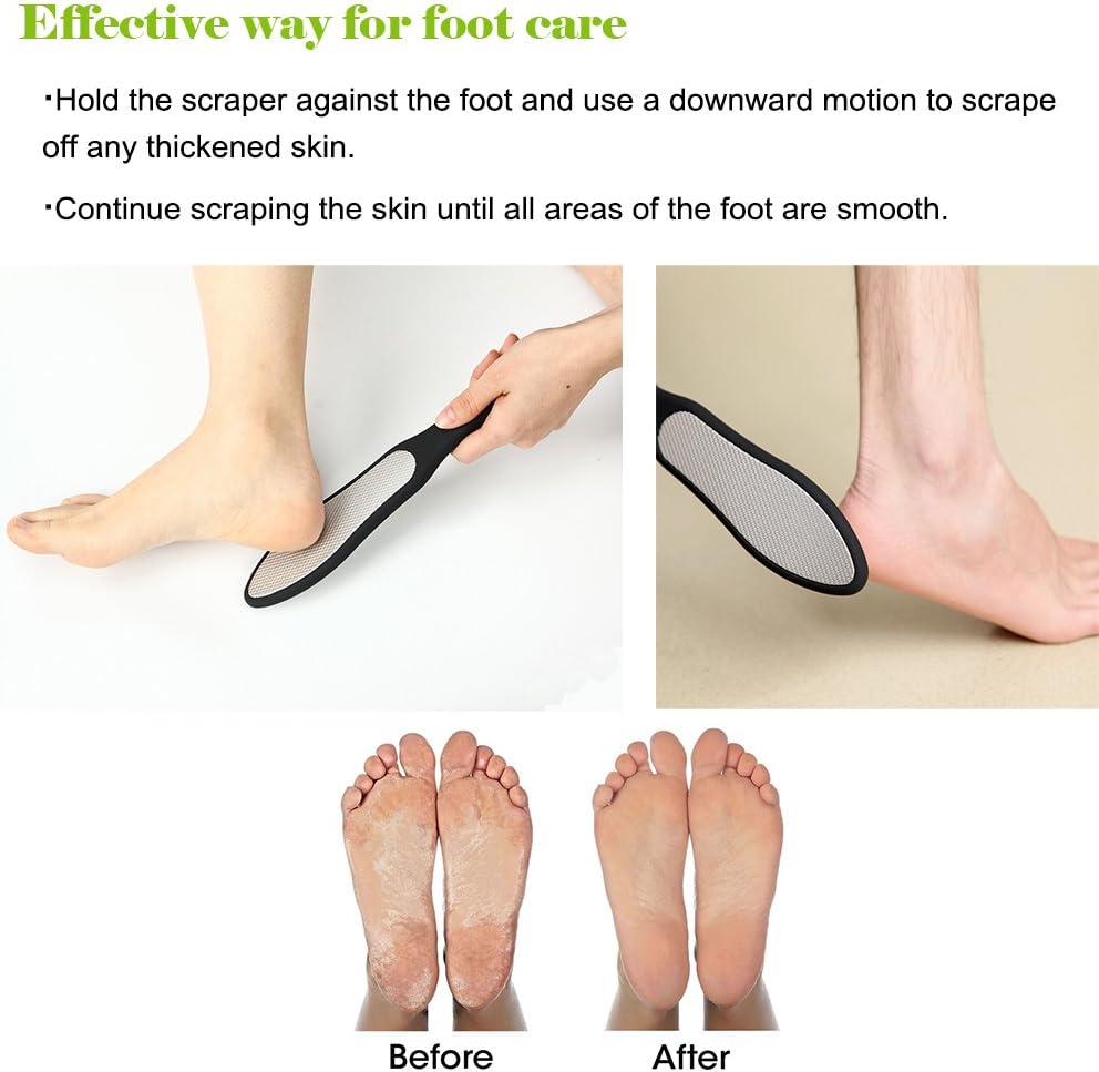 BEZOX usage instructions showing the foot file being scraped downward against a heel, with a before and after photo of dry flaking soles turned smooth
