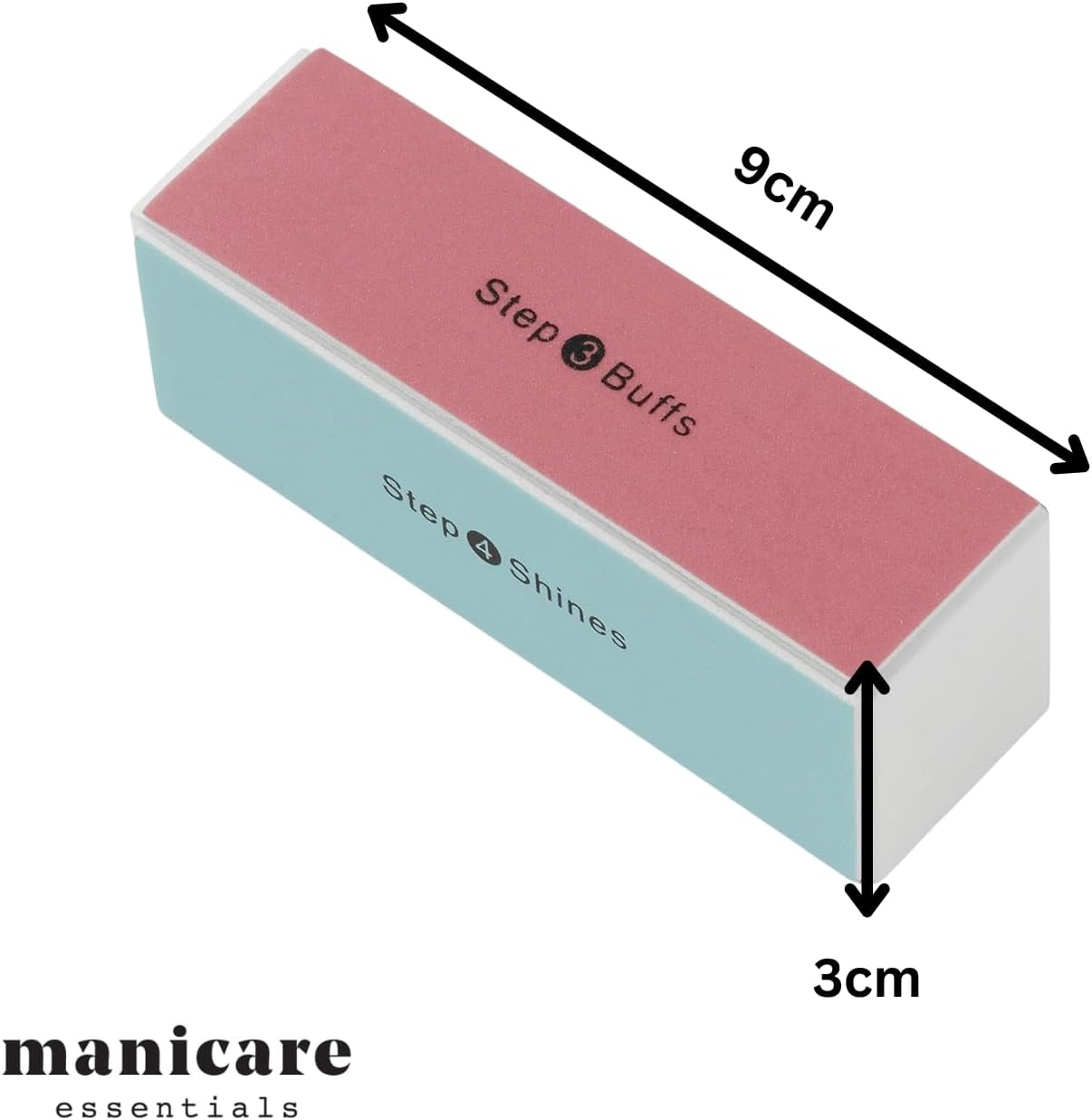 Angled view of the Manicare buffing block marked with its 9cm length and 3cm width