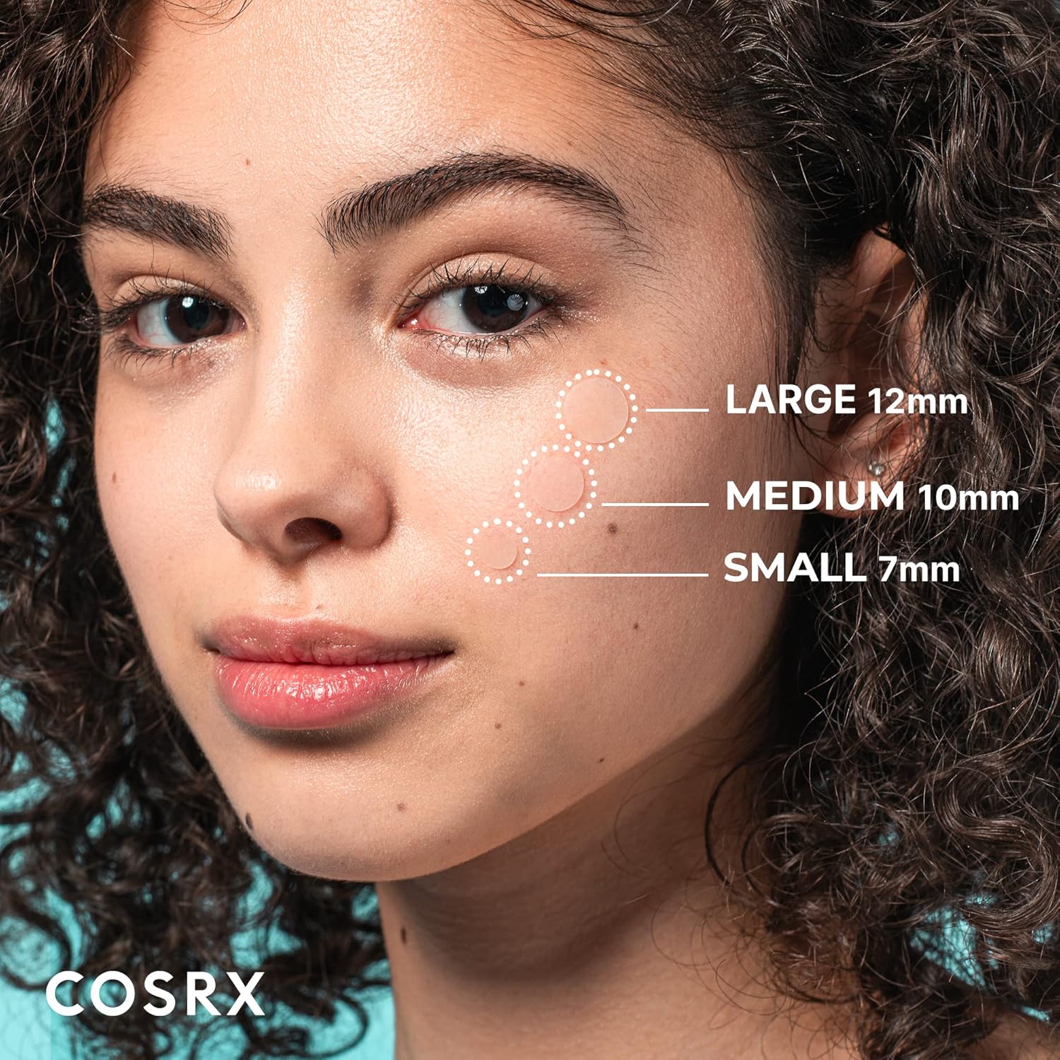 Model's face showing COSRX patch sizes labelled large 12mm, medium 10mm and small 7mm
