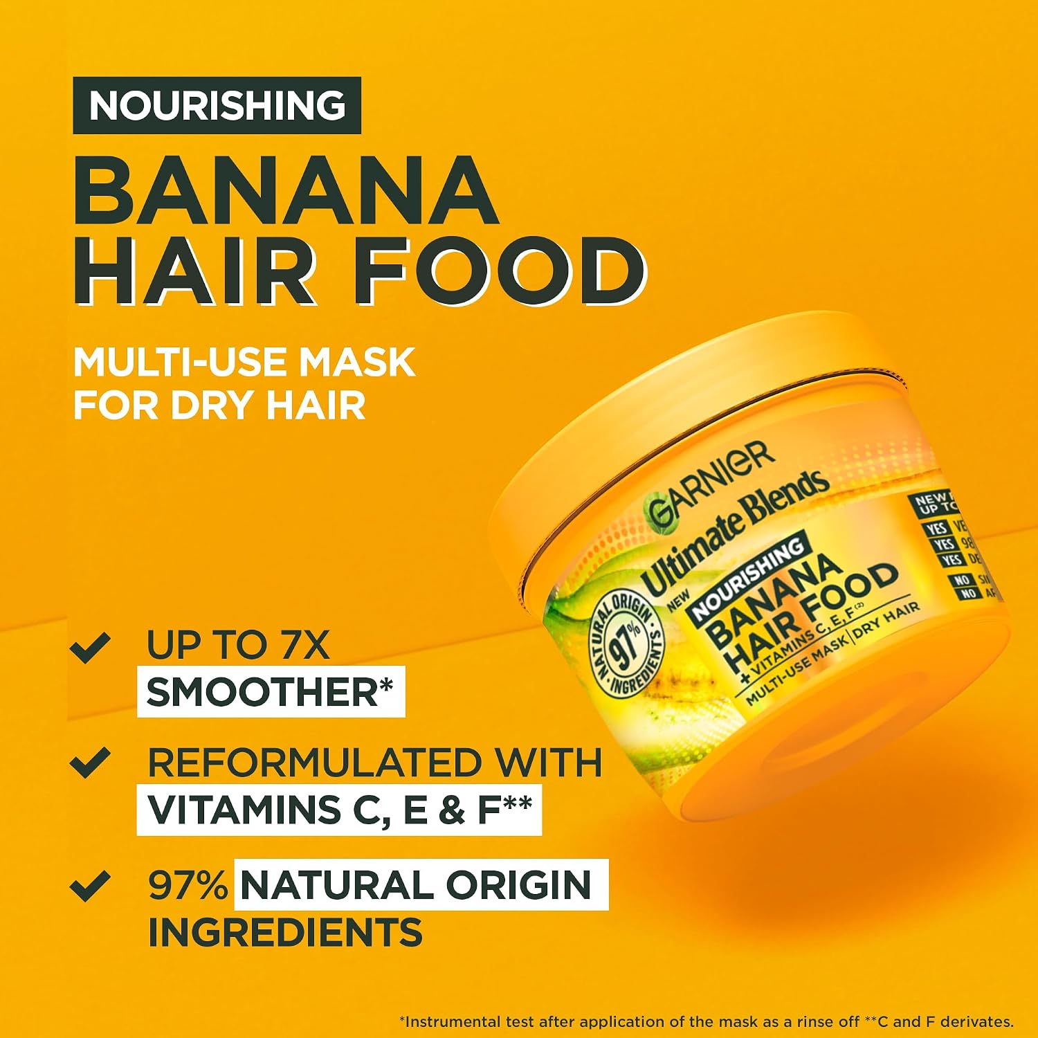 Angled view of the Garnier Banana Hair Food tub highlighting up to 7x smoother and 97% natural origin ingredients claims