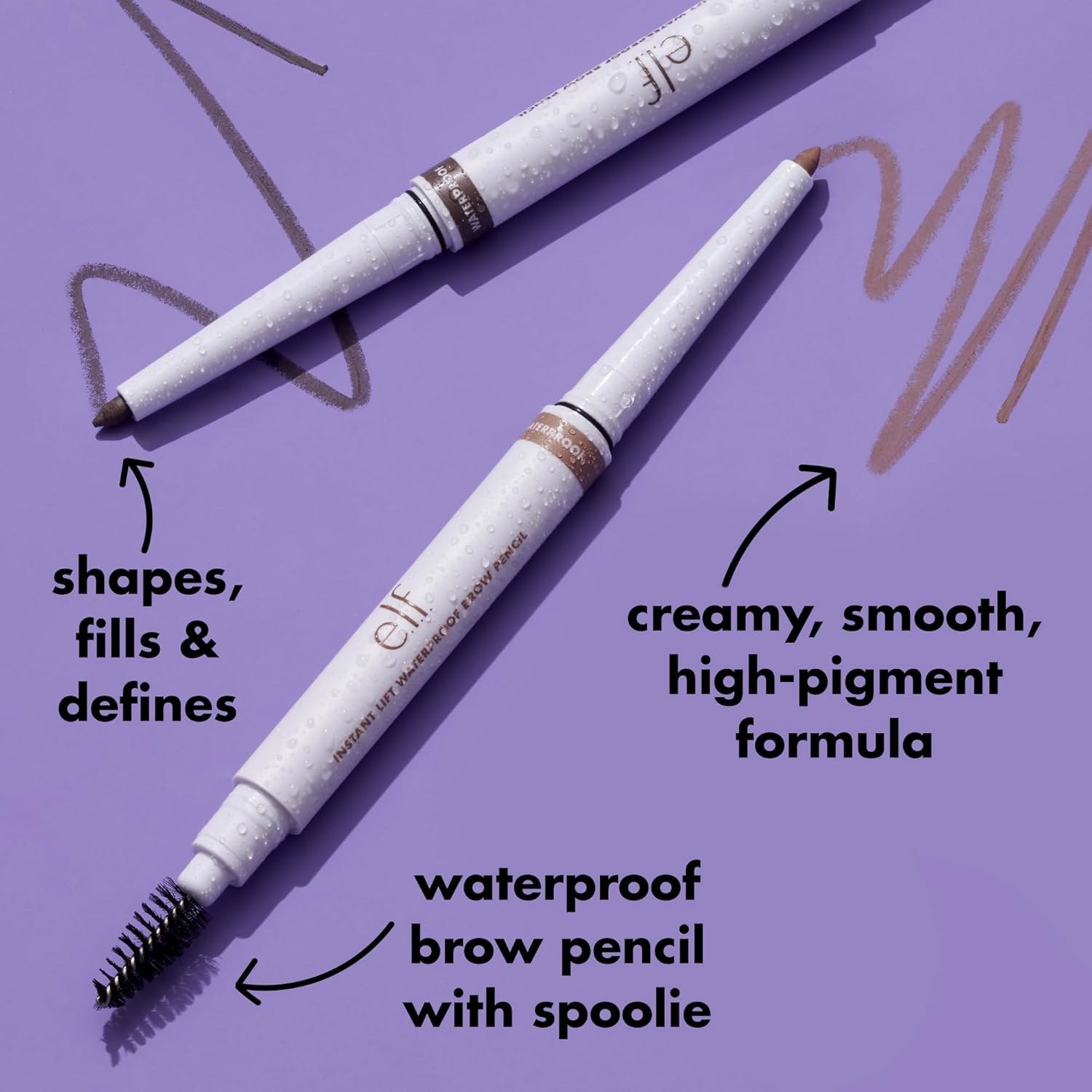Infographic of two e.l.f. Instant Lift Waterproof Brow Pencils covered in water droplets, labelled shapes fills and defines, creamy smooth high-pigment formula, waterproof brow pencil with spoolie