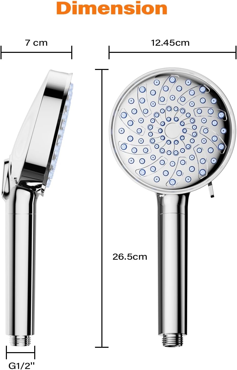 Dimension diagram of the Cobbe shower head showing 26.5cm length, 12.45cm head width and a G1/2 inch thread