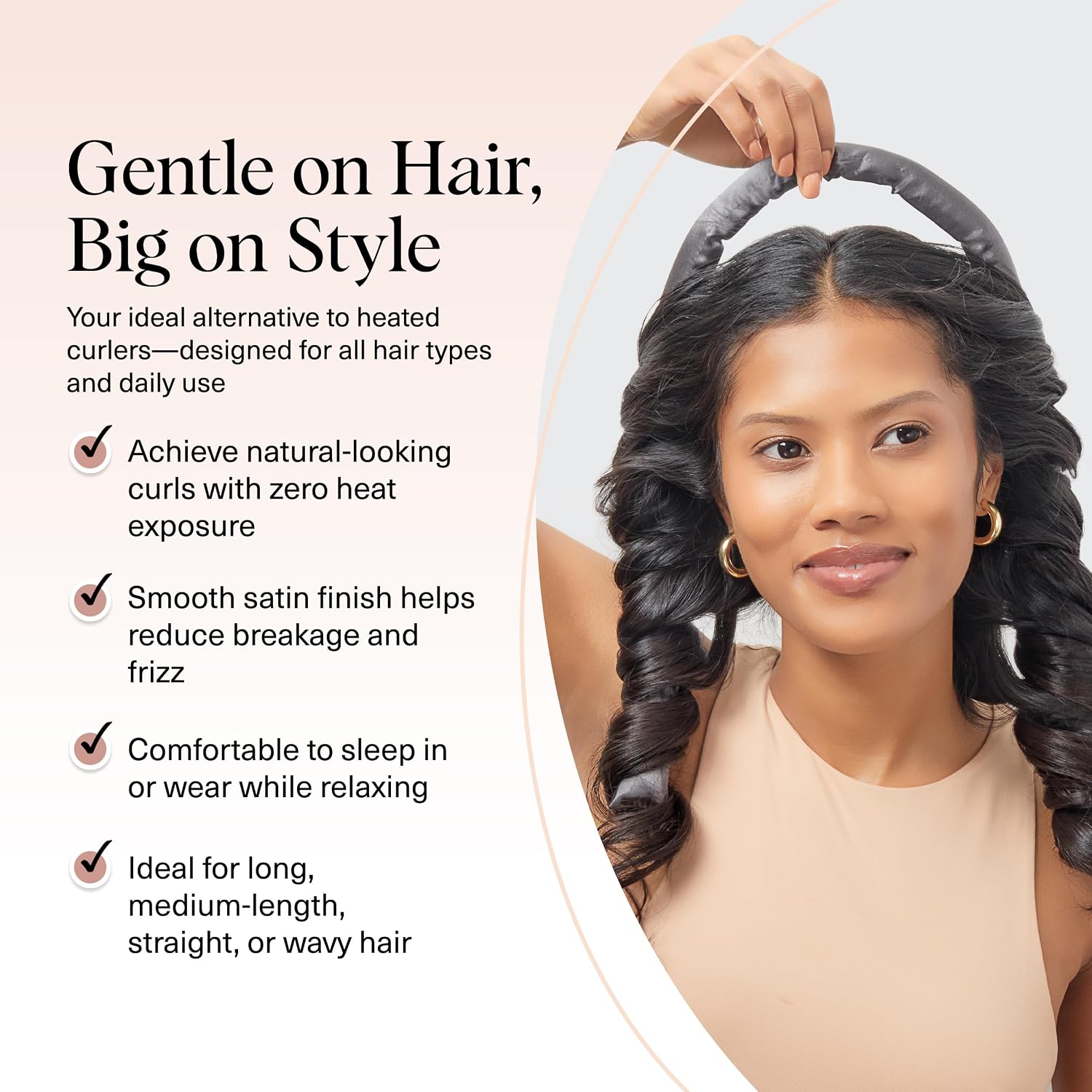 Model holding the charcoal curling rod above finished curls, beside Kitsch's comfort and hair type claims
