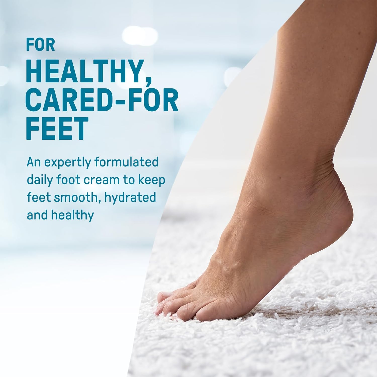 Foot on tiptoe on a white rug beside the CCS listing text: an expertly formulated daily foot cream to keep feet smooth, hydrated and healthy