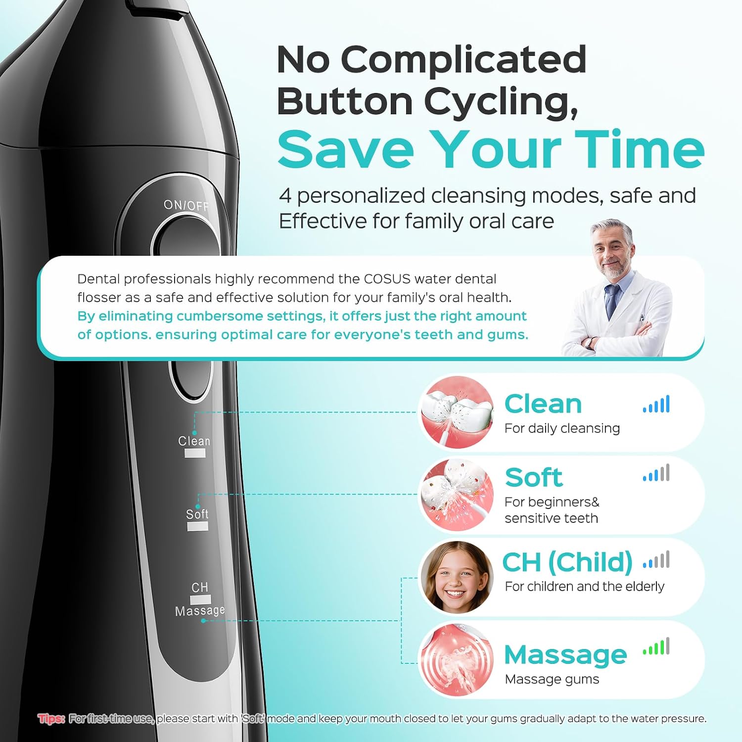 COSLUS mode panel showing Clean, Soft, CH child and Massage cleansing settings