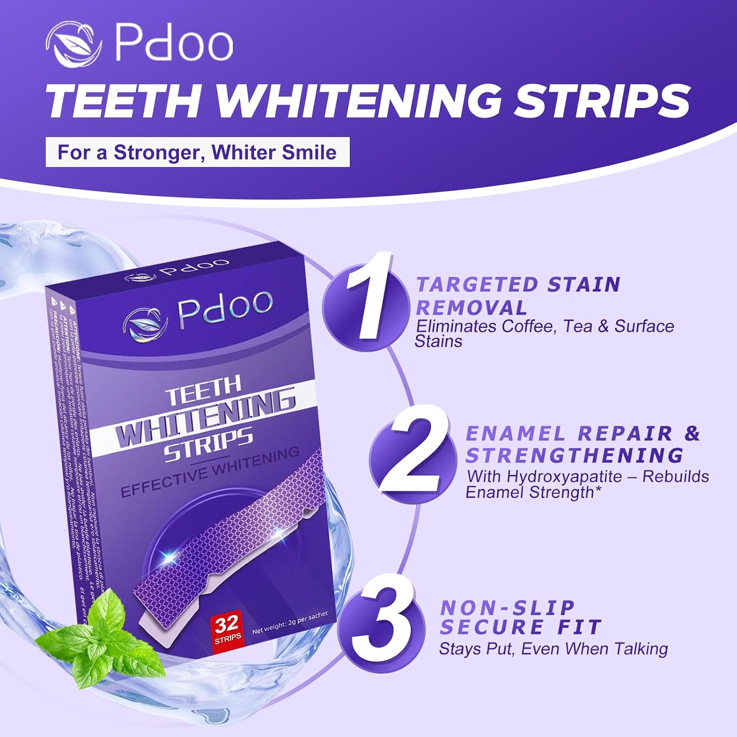 Feature panel listing targeted stain removal, hydroxyapatite enamel repair and a non-slip secure fit