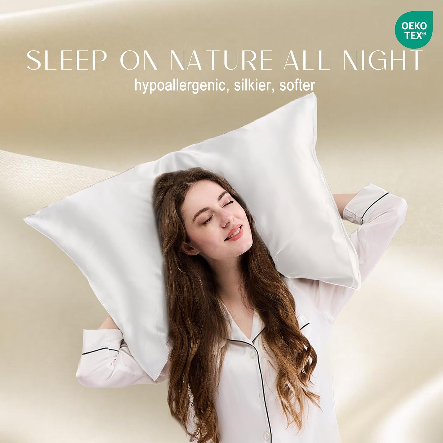 Woman with long brown hair resting her head on a white ZIMASILK silk pillowcase