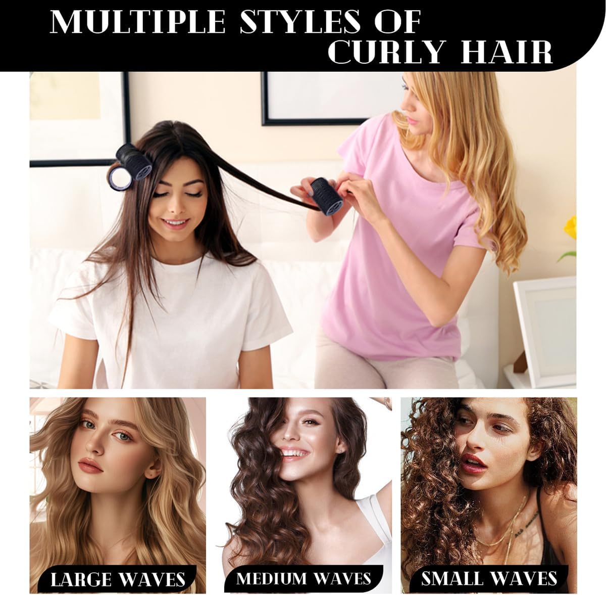 Listing image showing rollers going into hair above three panels labelled large waves, medium waves and small waves