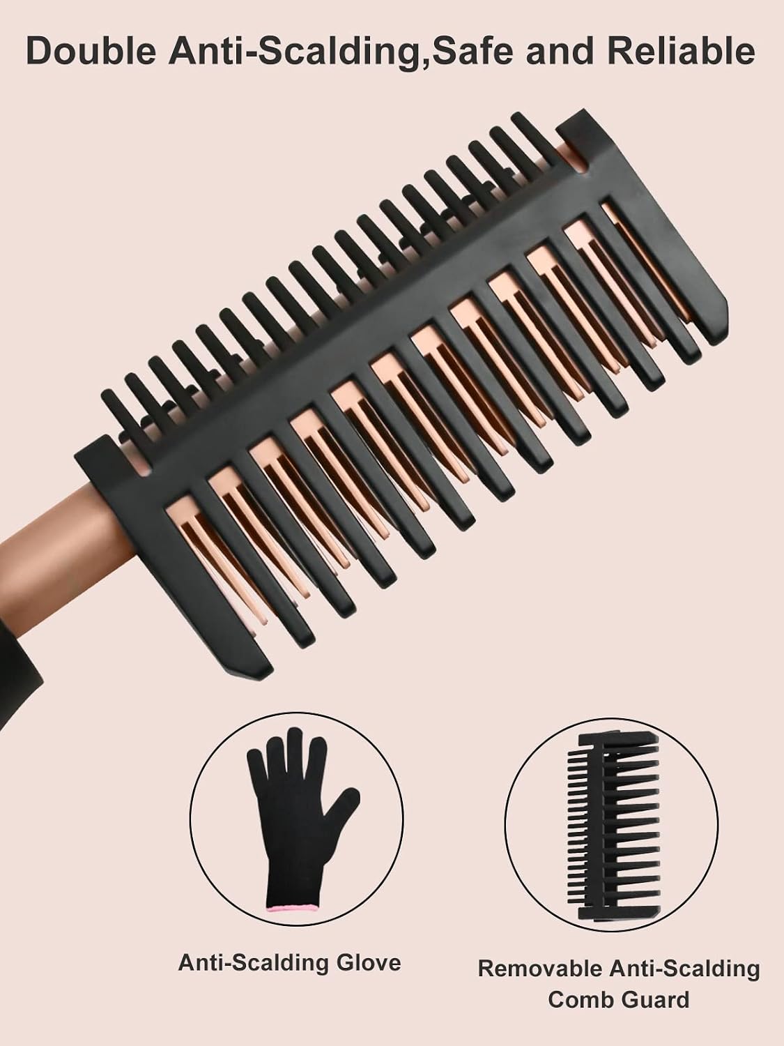 janelove listing panel headed Double Anti-Scalding, Safe and Reliable, showing the black removable comb guard clipped over the heated rose gold teeth, with inset photos of the anti-scalding glove and the guard