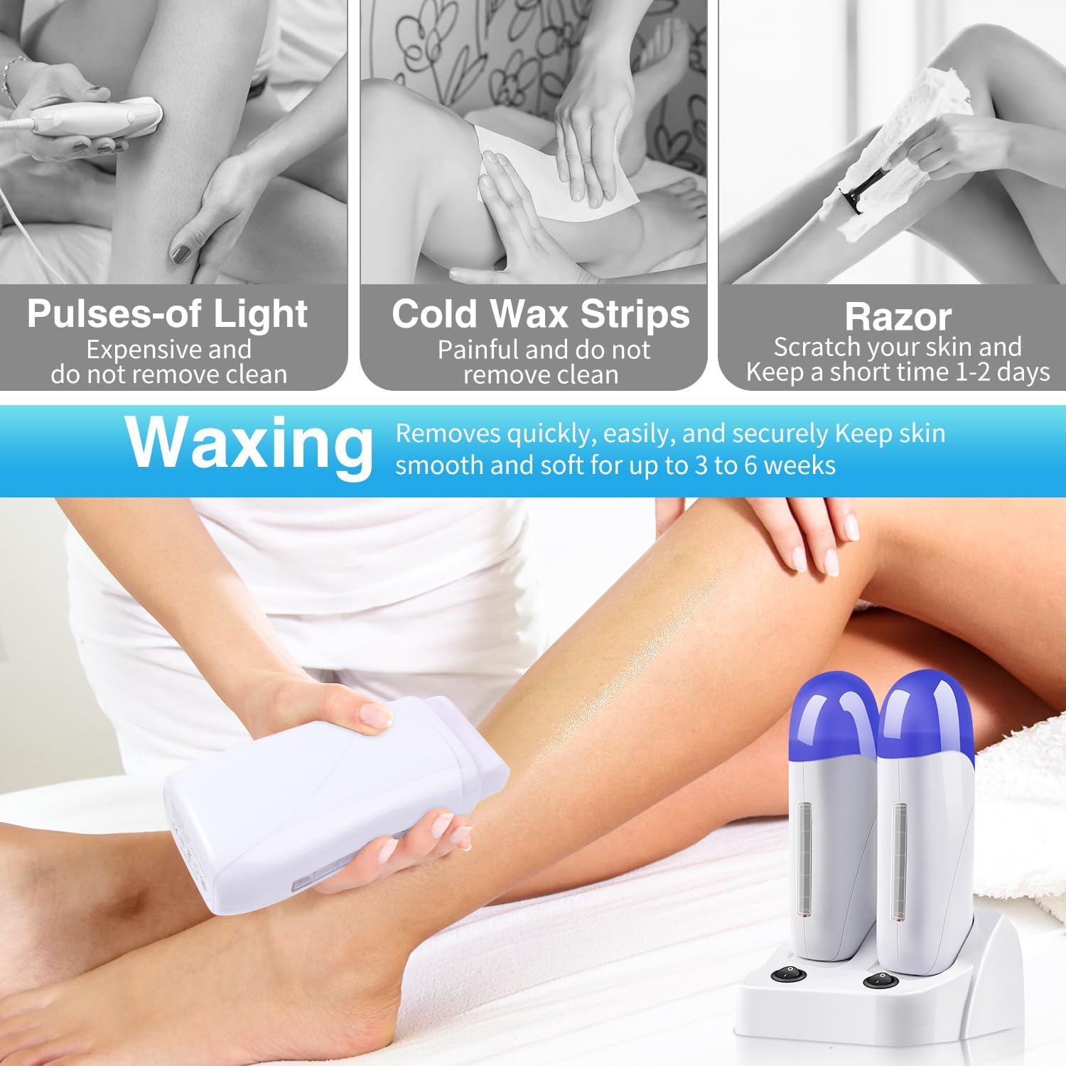 Jiasheng listing panel: the brand's comparison of pulsed light, cold wax strips and razors against waxing, above a photo of the roll-on handset on a leg and the twin heaters on their base