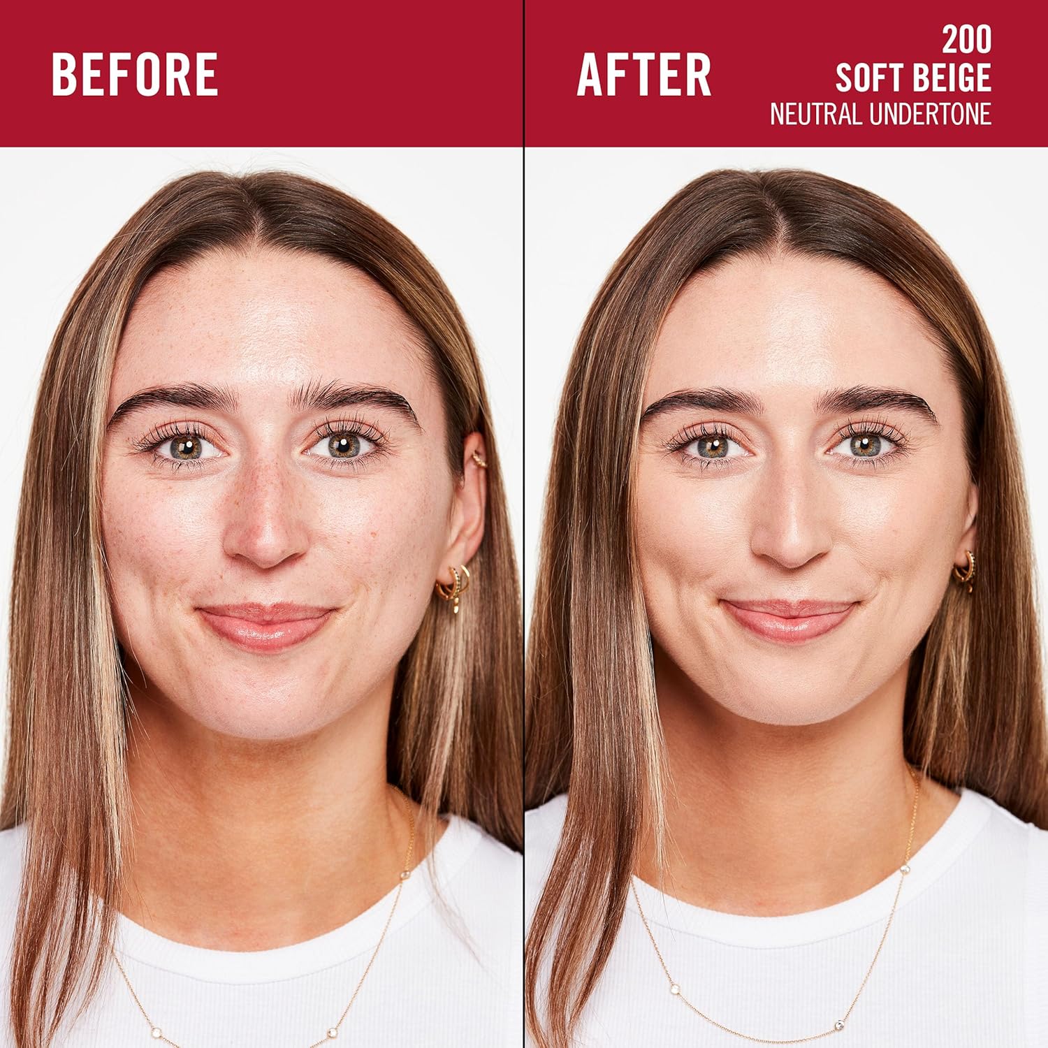 Before and after model comparison showing Rimmel Lasting Finish 35HR Foundation 200 Soft Beige results