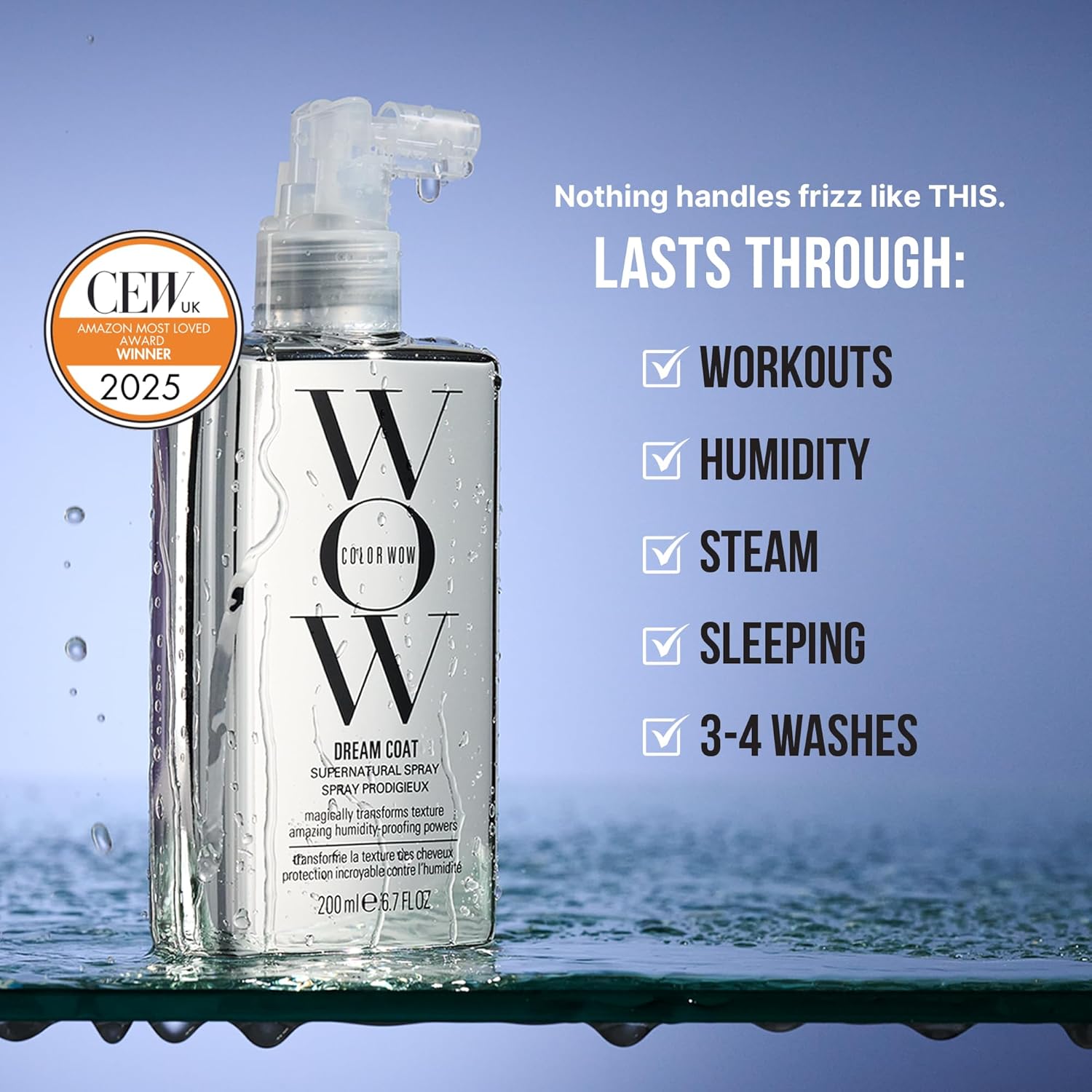 Color Wow Dream Coat durability benefits - lasts through workouts, humidity, steam, sleeping, and 3-4 washes