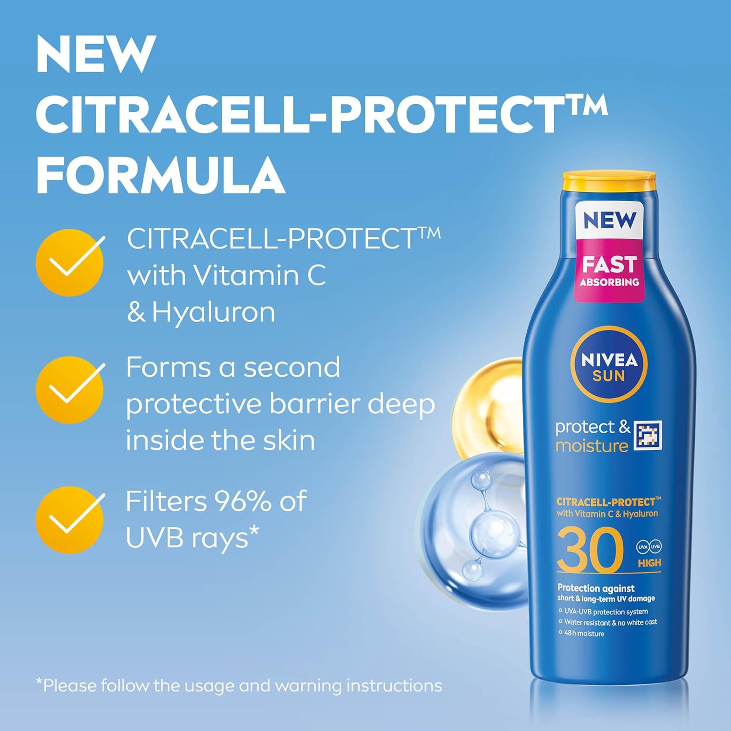 Infographic showing CITRACELL-PROTECT formula with Vitamin C and Hyaluron molecules