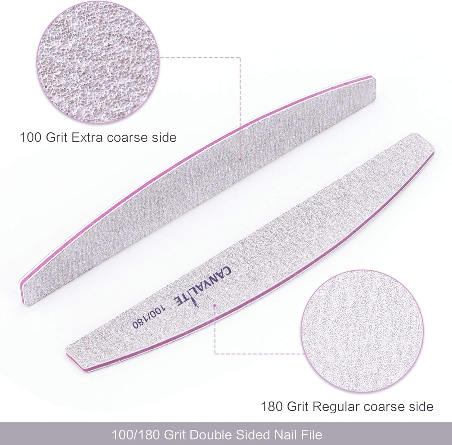Close-up diagram showing 100 grit extra coarse side and 180 grit regular coarse side of the CANVALITE nail file