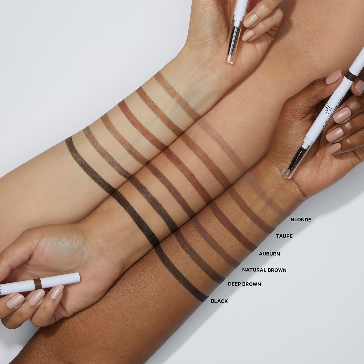 Six shade swatches of the e.l.f. Instant Lift Brow Pencil demonstrated on three different skin tones