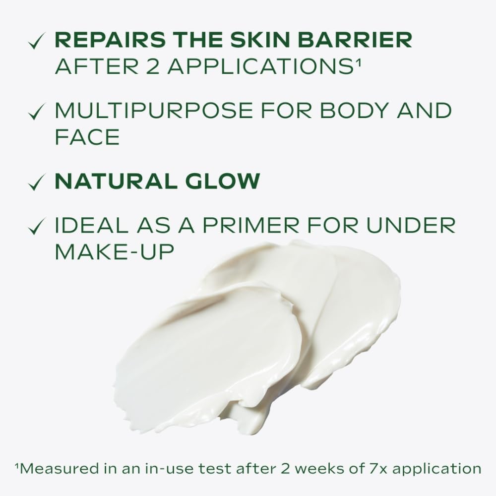 Weleda Skin Food key benefits infographic showing cream texture and swatch on skin