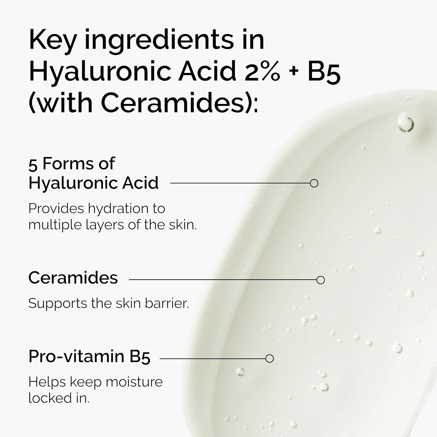 Infographic showing The Ordinary Hyaluronic Acid key ingredients: 5 forms of hyaluronic acid, ceramides, and pro-vitamin B5