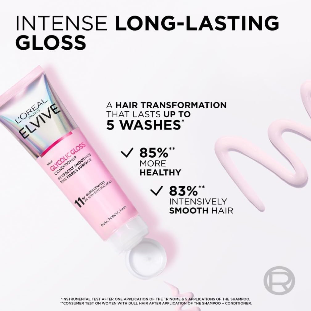 L'Oreal Paris Elvive Glycolic Gloss infographic showing 5 washes, 85 percent more healthy and 83 percent intensively smooth hair statistics