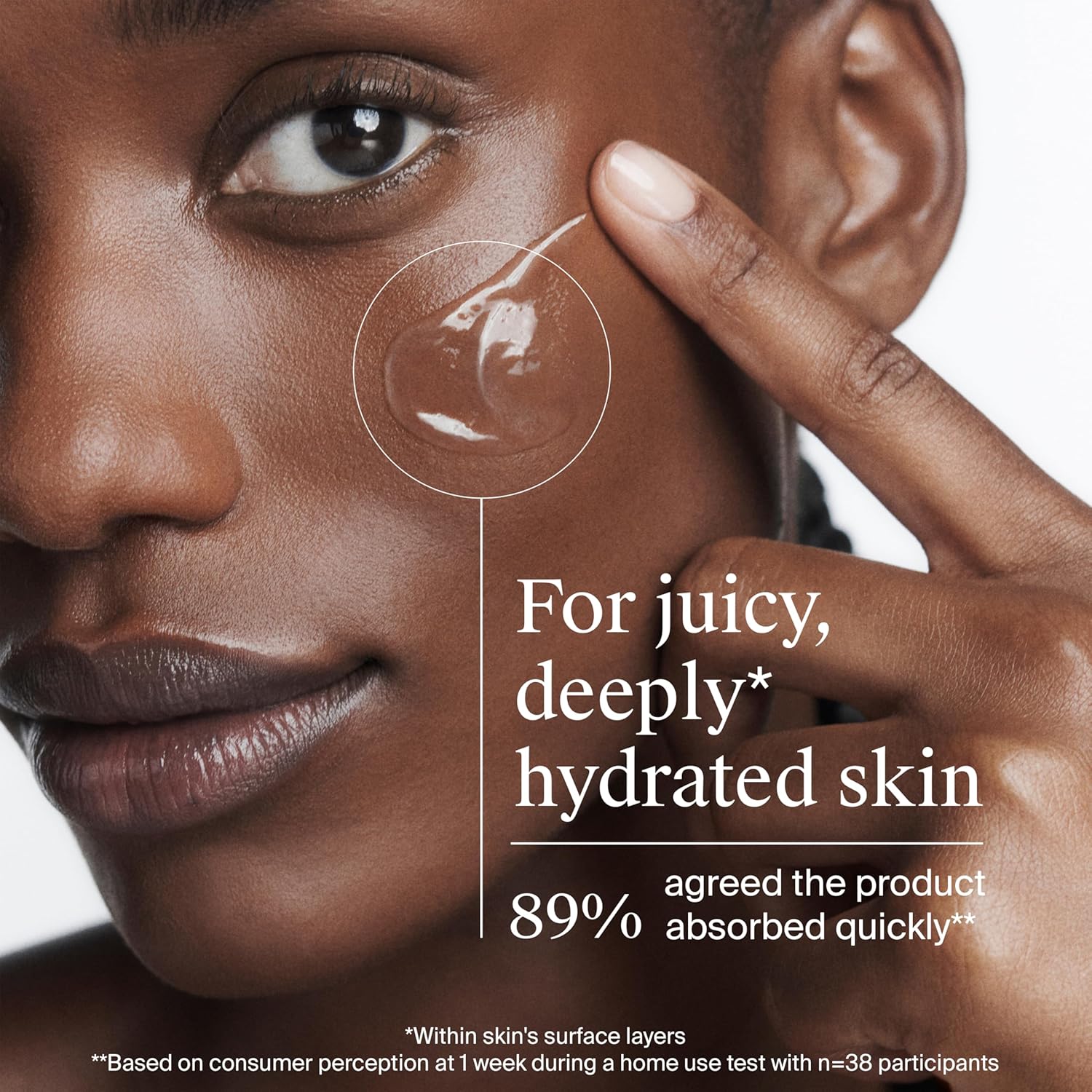 Model applying Neutrogena Hydro Boost Water Gel showing quick absorption, with statistic showing 89% agreed product absorbed quickly