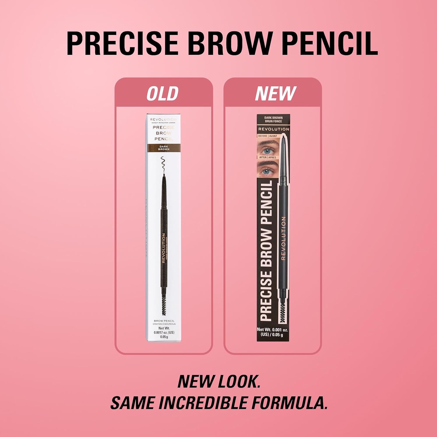 Revolution Precise Brow Pencil old versus new packaging comparison with same formula inside