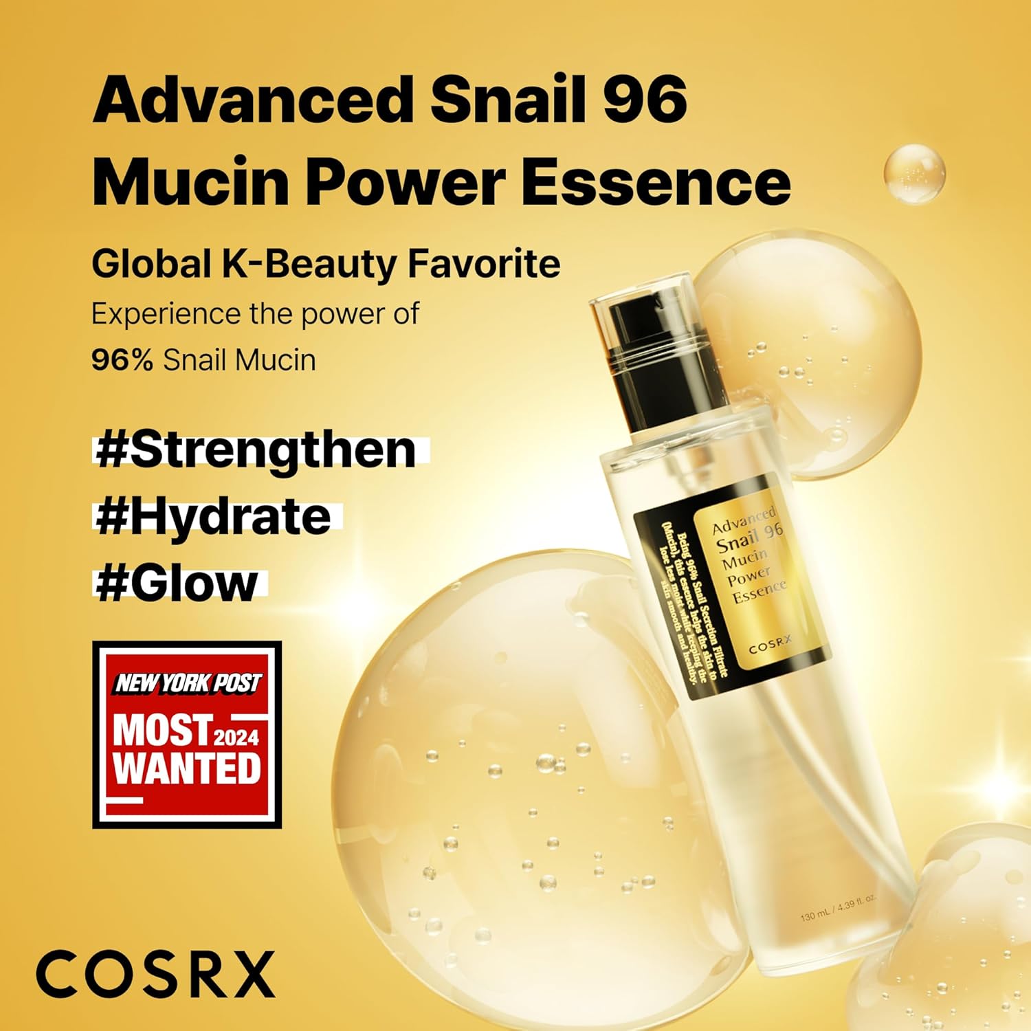 COSRX Snail Mucin product benefits graphic showing Strengthen, Hydrate, and Glow benefits with NY Post award badge