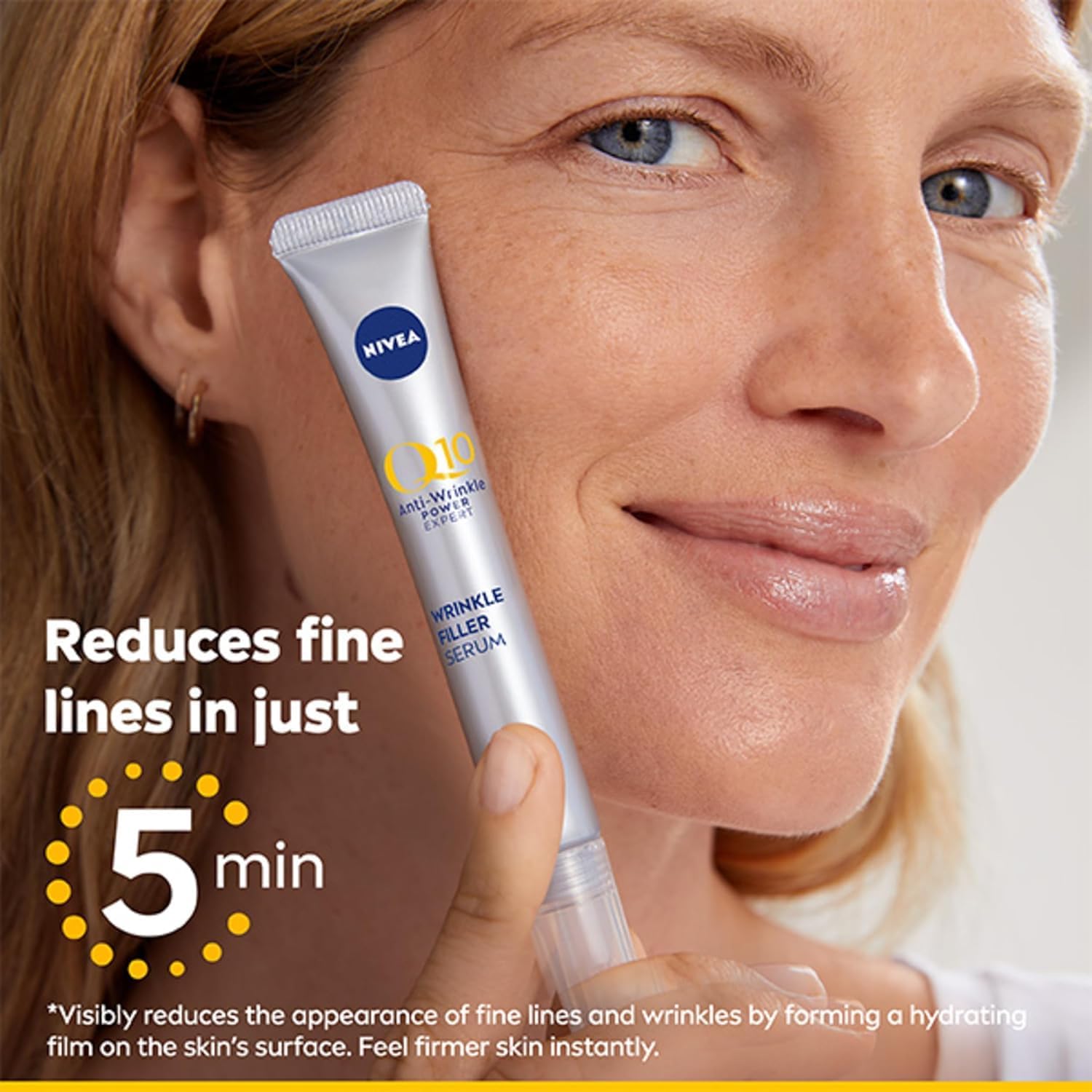 Woman applying NIVEA Q10 wrinkle filler serum to face showing fine line reduction in 5 minutes