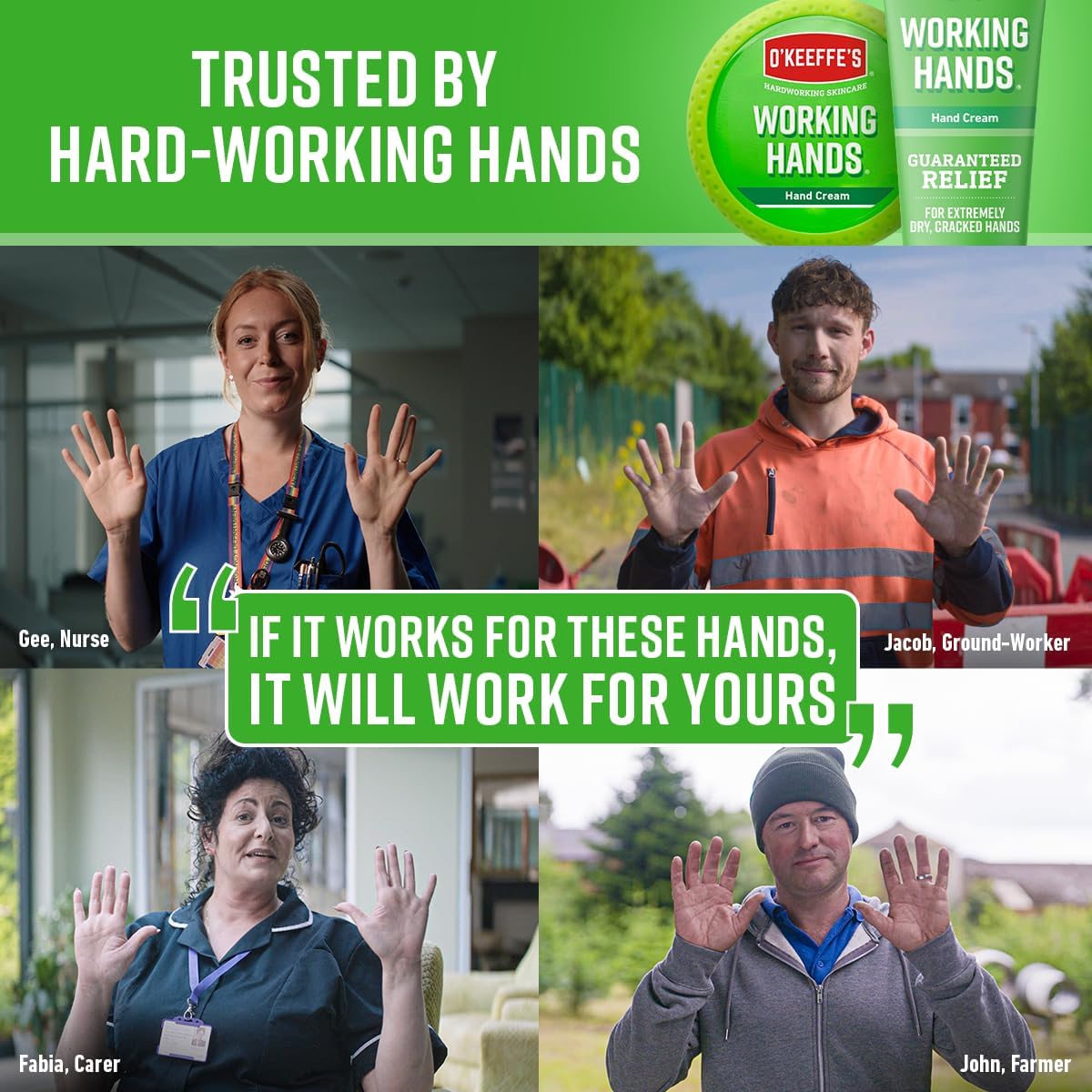 Four-panel testimonial grid showing a nurse, ground-worker, carer, and farmer who use O'Keeffe's Working Hands
