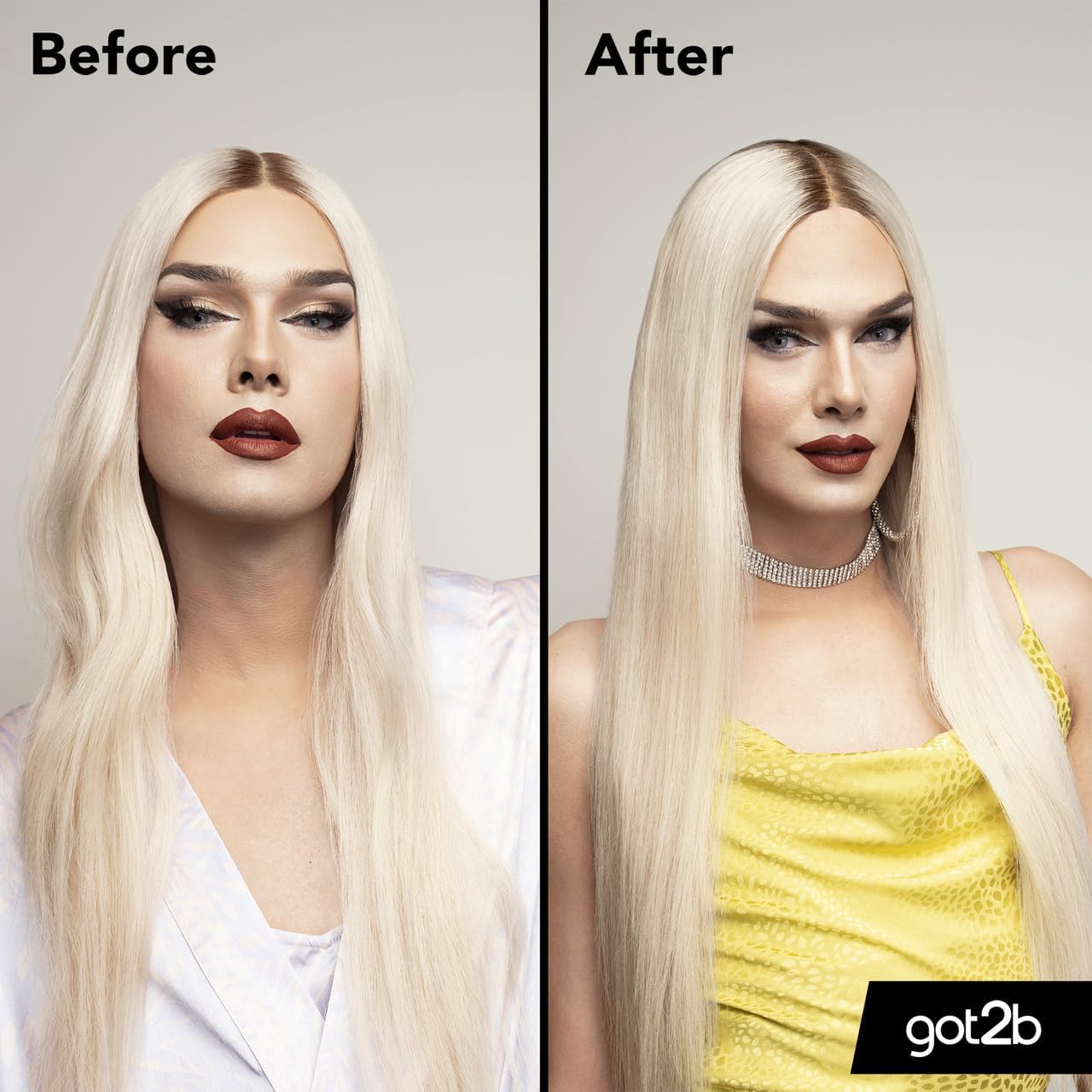 got2b Glued before and after model with styled platinum blonde hair