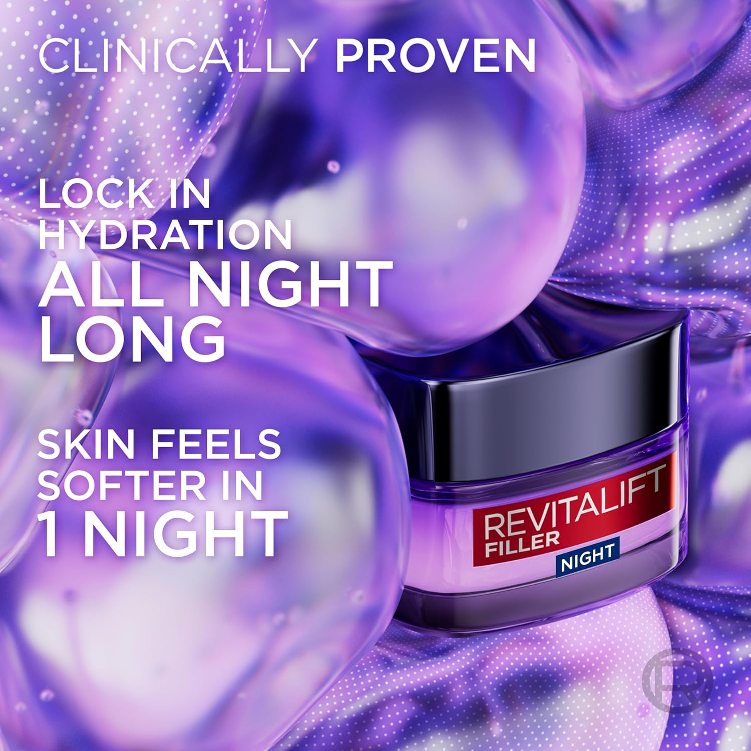 L'Oreal Revitalift Filler Night Cream clinically proven claims graphic showing overnight hydration and softer skin in one night