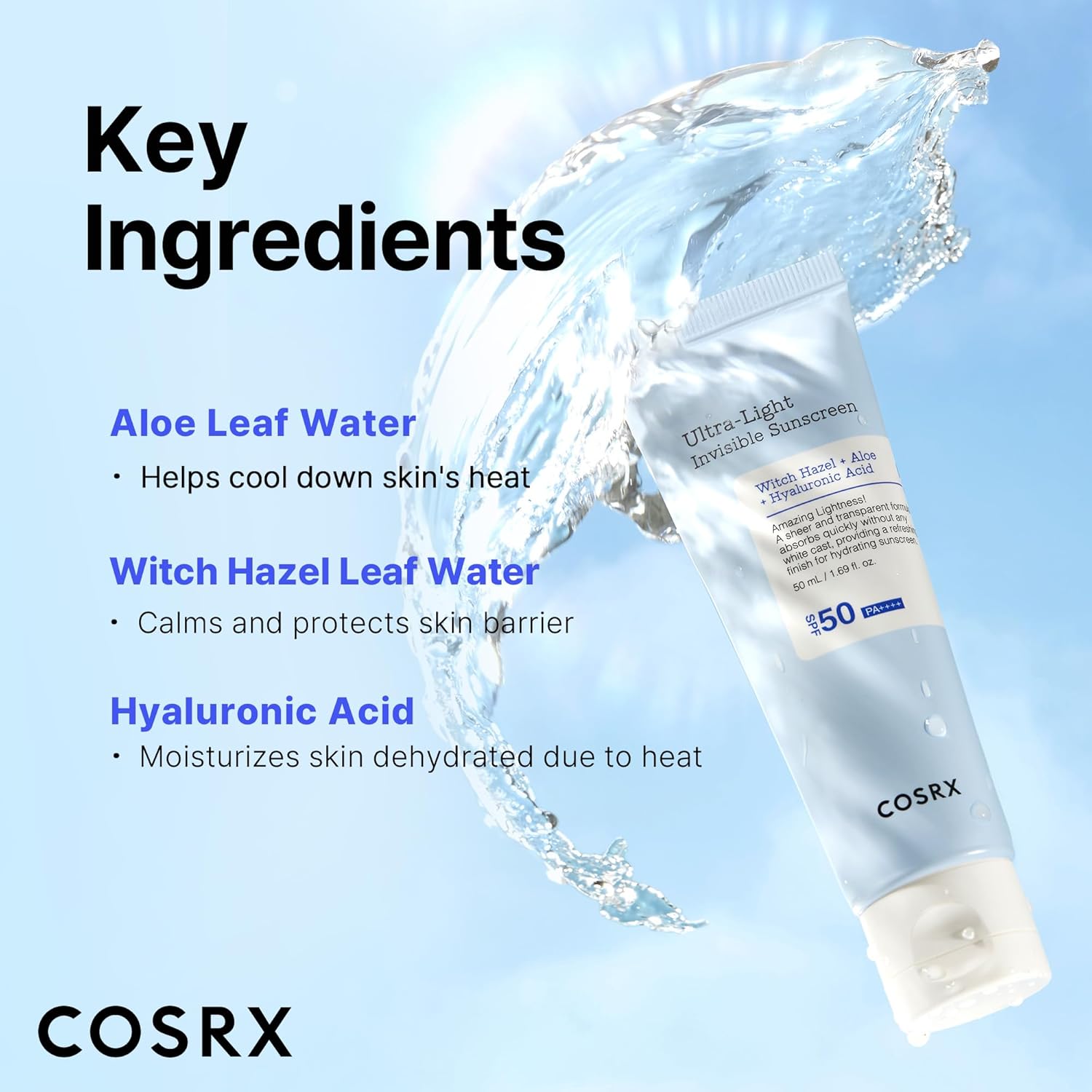 Close-up of the COSRX sunscreen ingredient list and packaging text