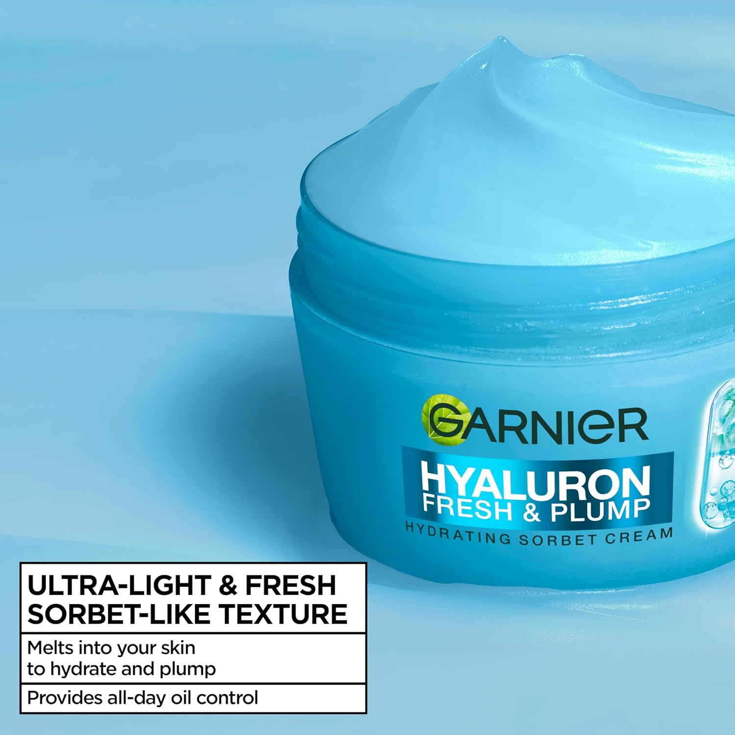 Close up of the Garnier Hyaluron Fresh and Plump sorbet cream texture showing its blue gel consistency