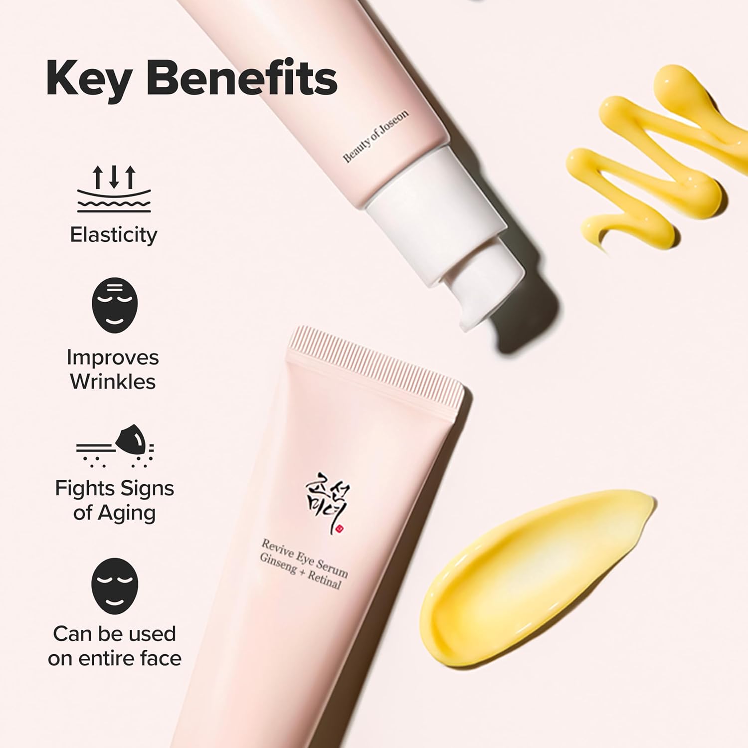 Swatch of the yellow Beauty of Joseon Revive Eye Serum next to the pink tube