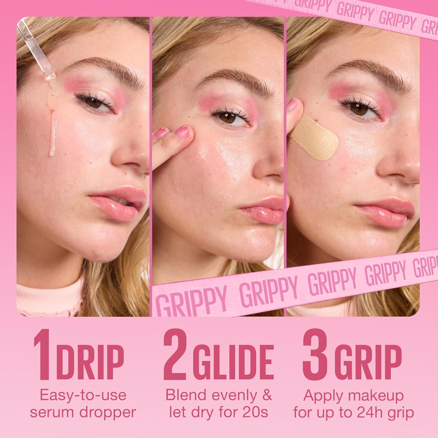 Close-up of the Grippy Serum Primer dropper showing the watery serum texture