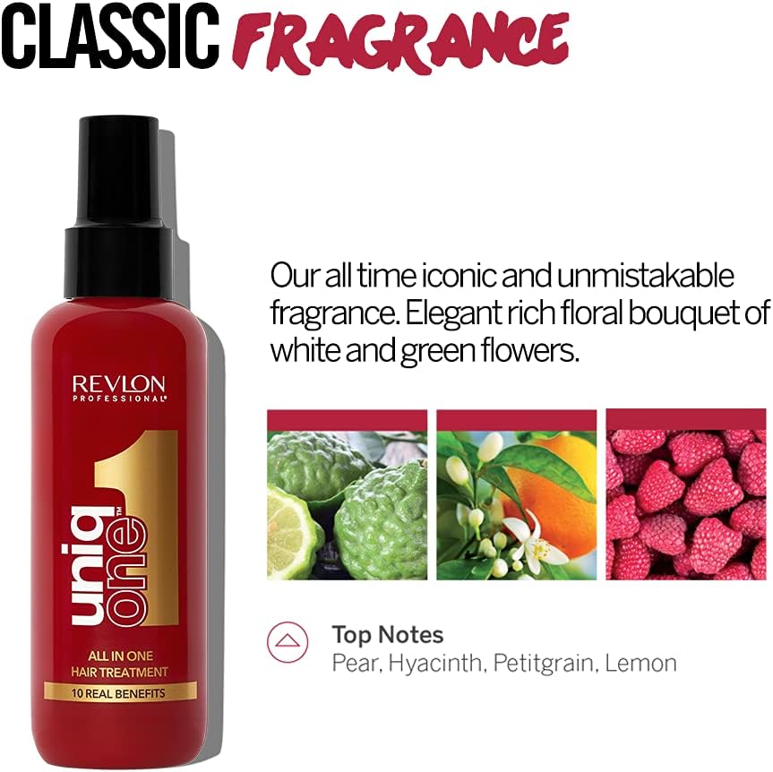 Close-up of the Revlon Professional UniqOne classic fragrance spray bottle