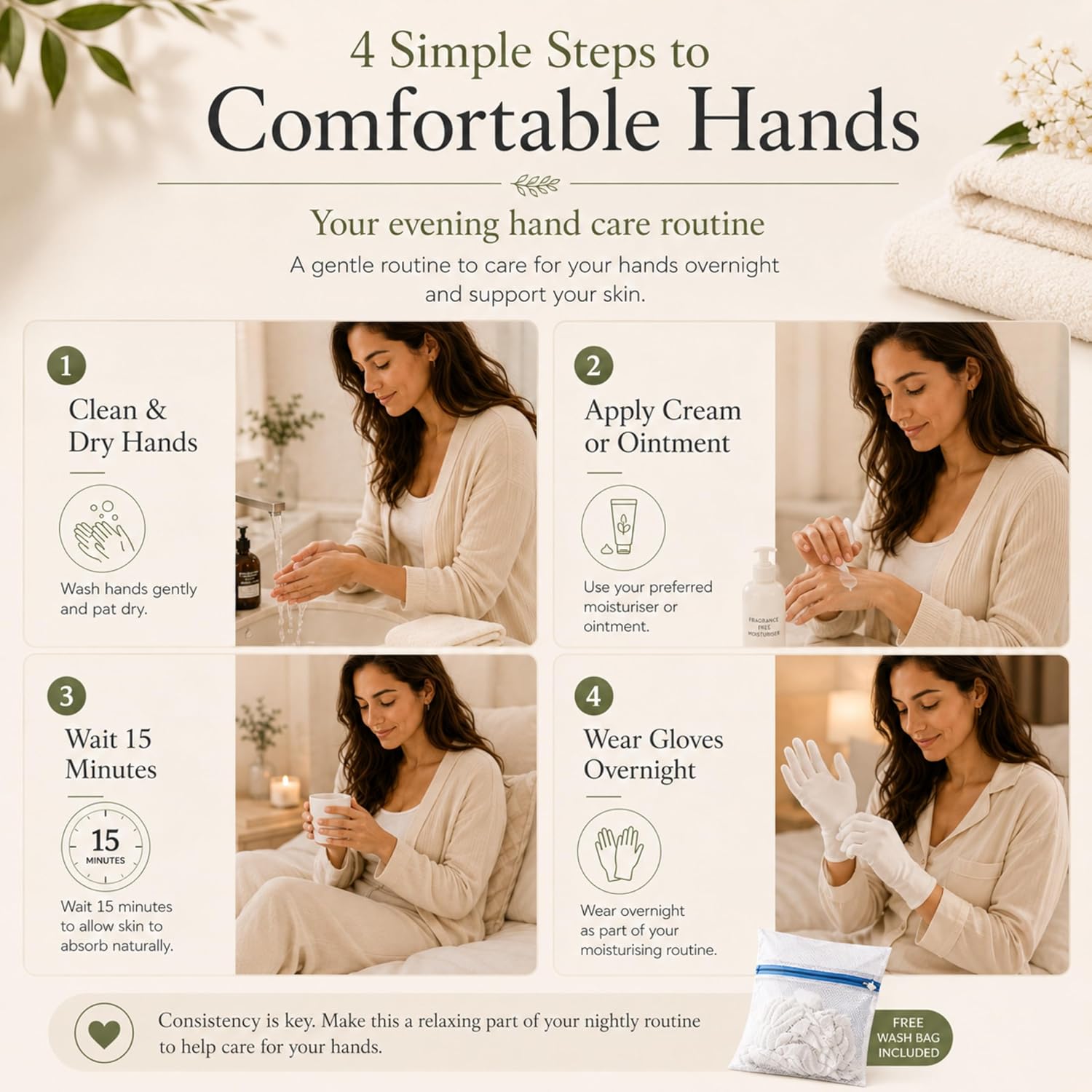 Four-step overnight hand care routine: clean and dry hands, apply cream, wait 15 minutes, wear the cotton gloves