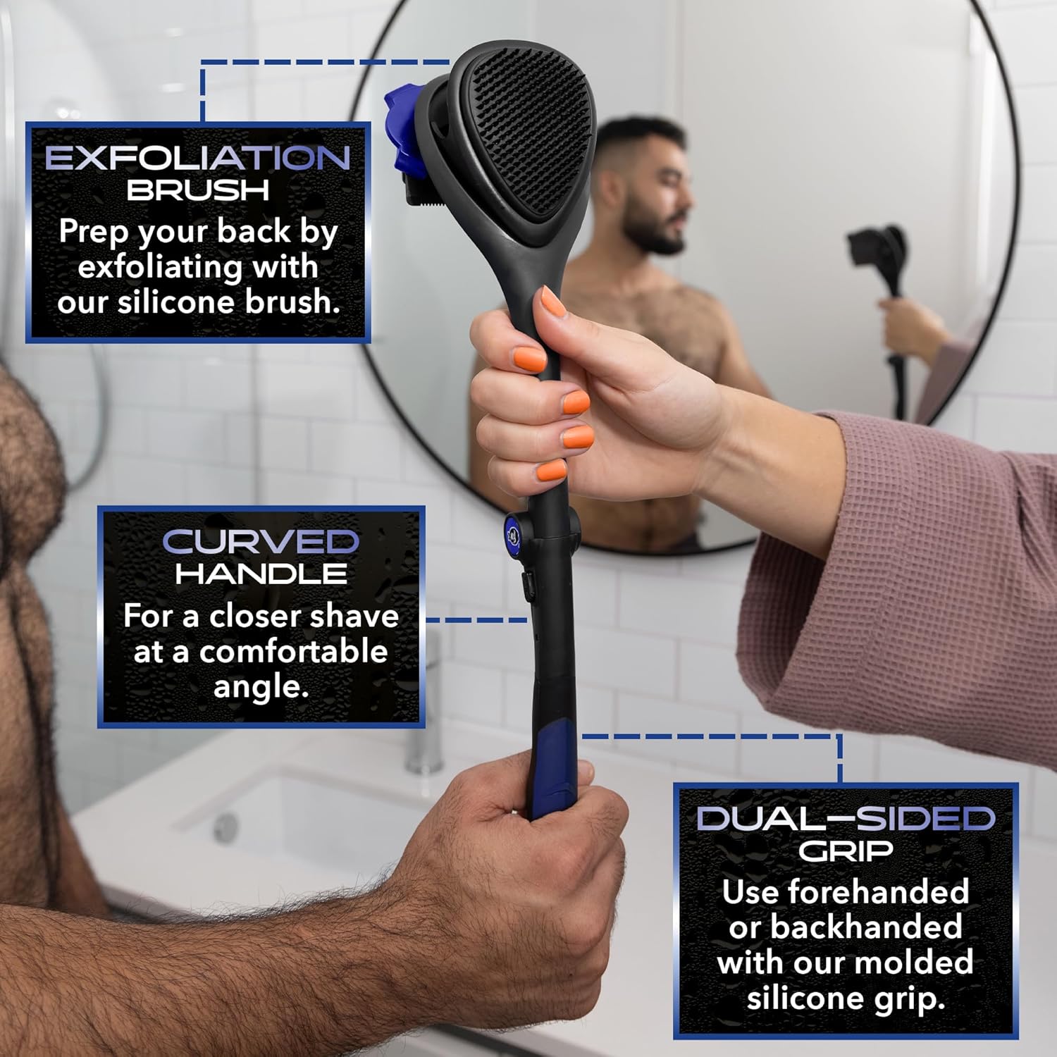Close-up of the BakBlade 3.0 Stealth exfoliation brush, curved handle and dual-sided silicone grip