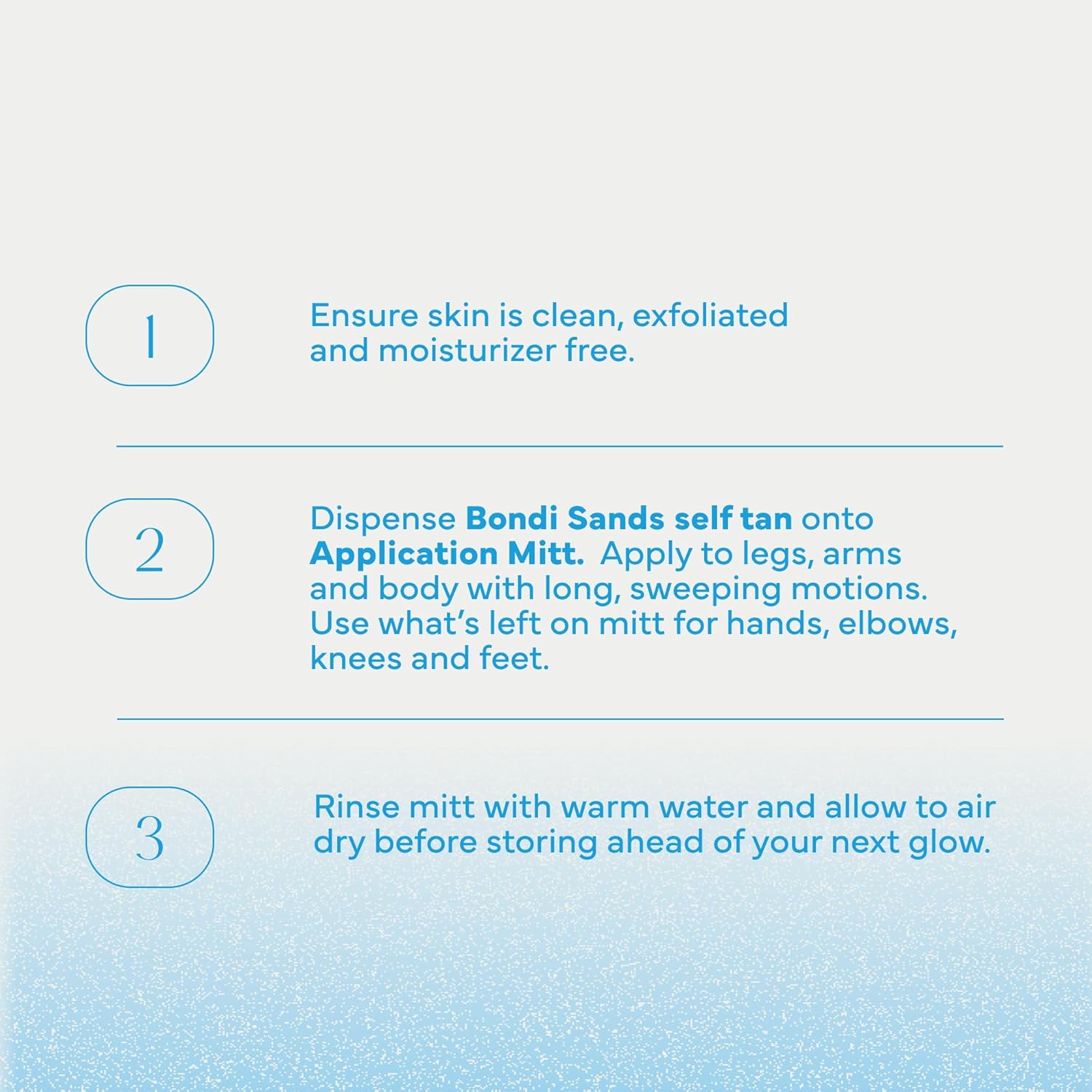 Bondi Sands three step instruction graphic telling users to exfoliate, apply with sweeping motions, then rinse the mitt in warm water