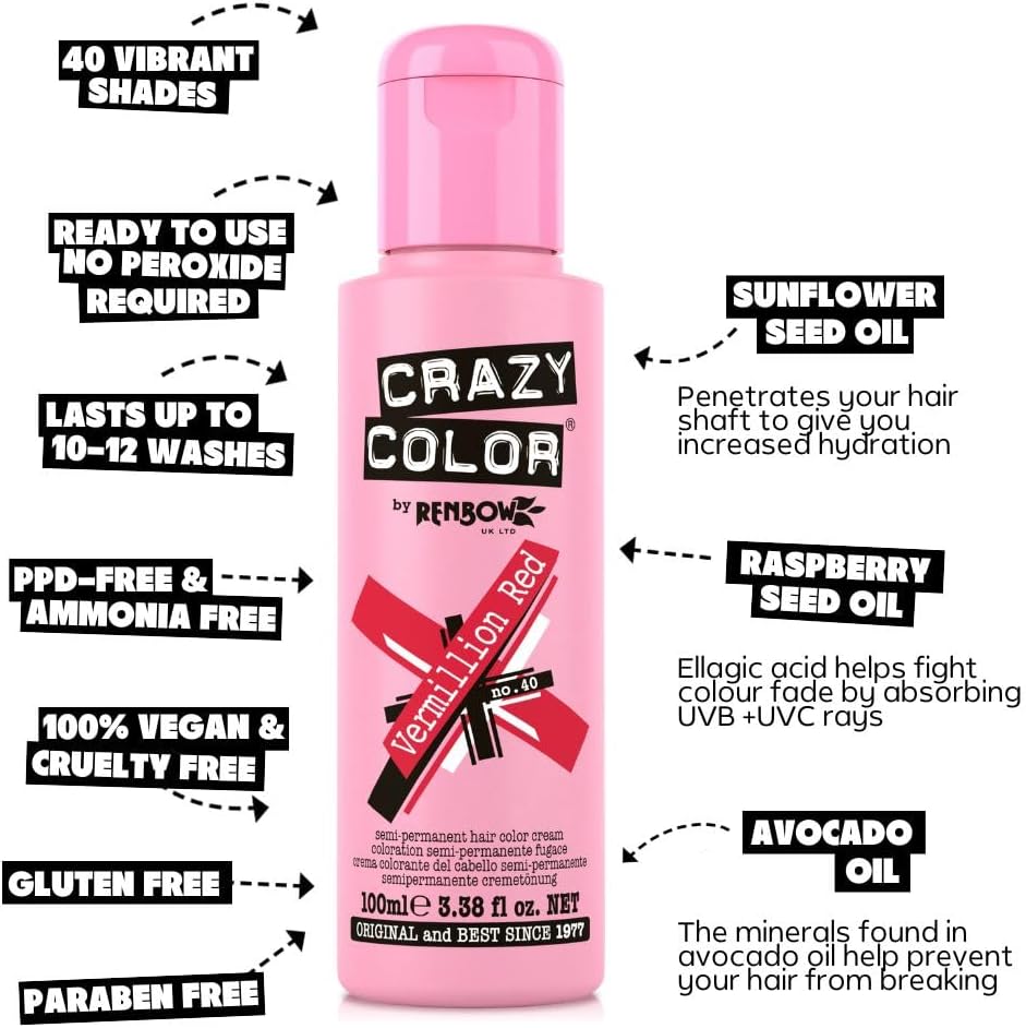 Infographic showing Crazy Color Vermillion Red bottle with callouts for raspberry seed oil, sunflower seed oil, avocado oil and 10-12 wash claim