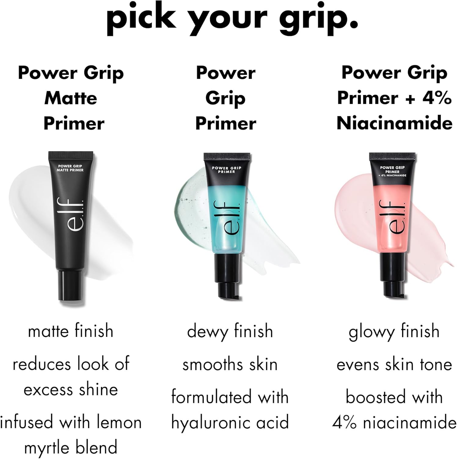 The three e.l.f. Power Grip Primer variants side by side: Matte, original clear, and +4% Niacinamide