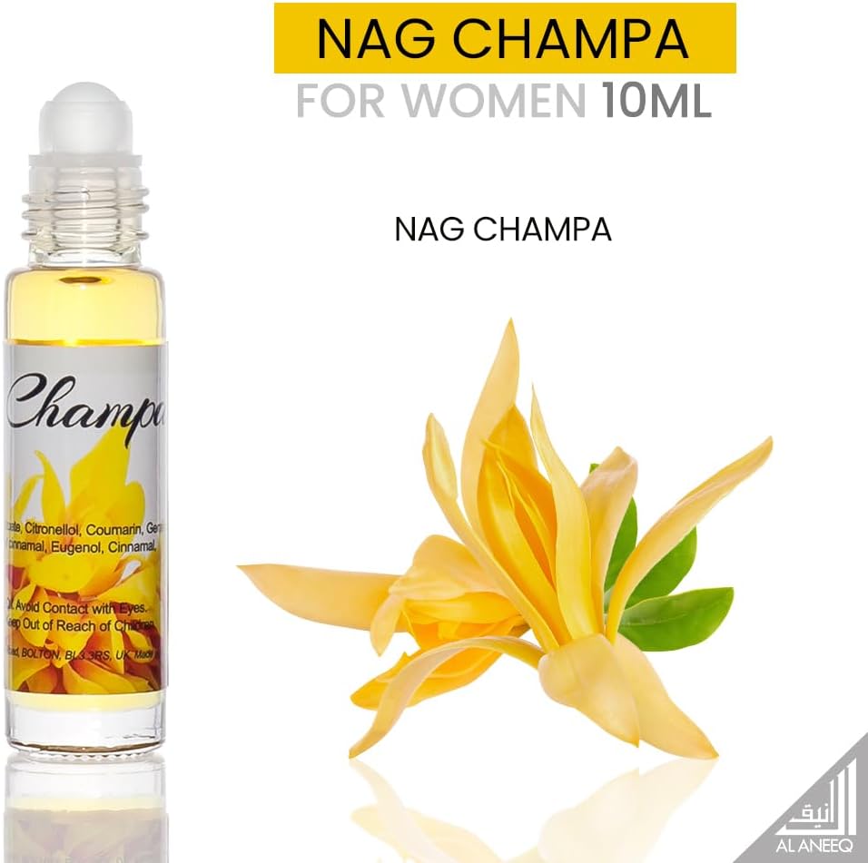 AL ANEEQ Nag Champa For Women 10ml roll-on bottle with champaca flower