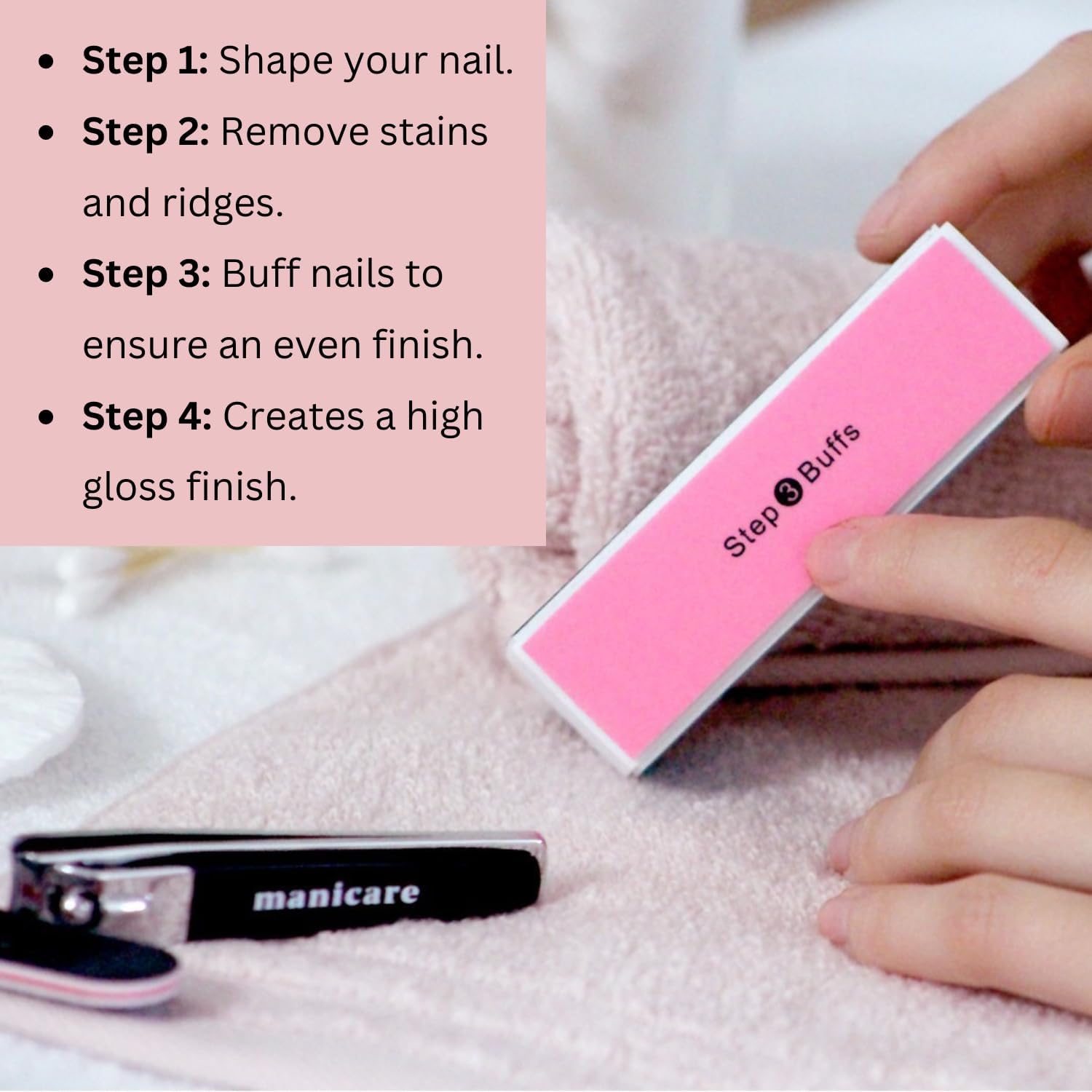 Manicare buffing block held against a fingernail beside a numbered four-step guide to shaping, smoothing, buffing and shining